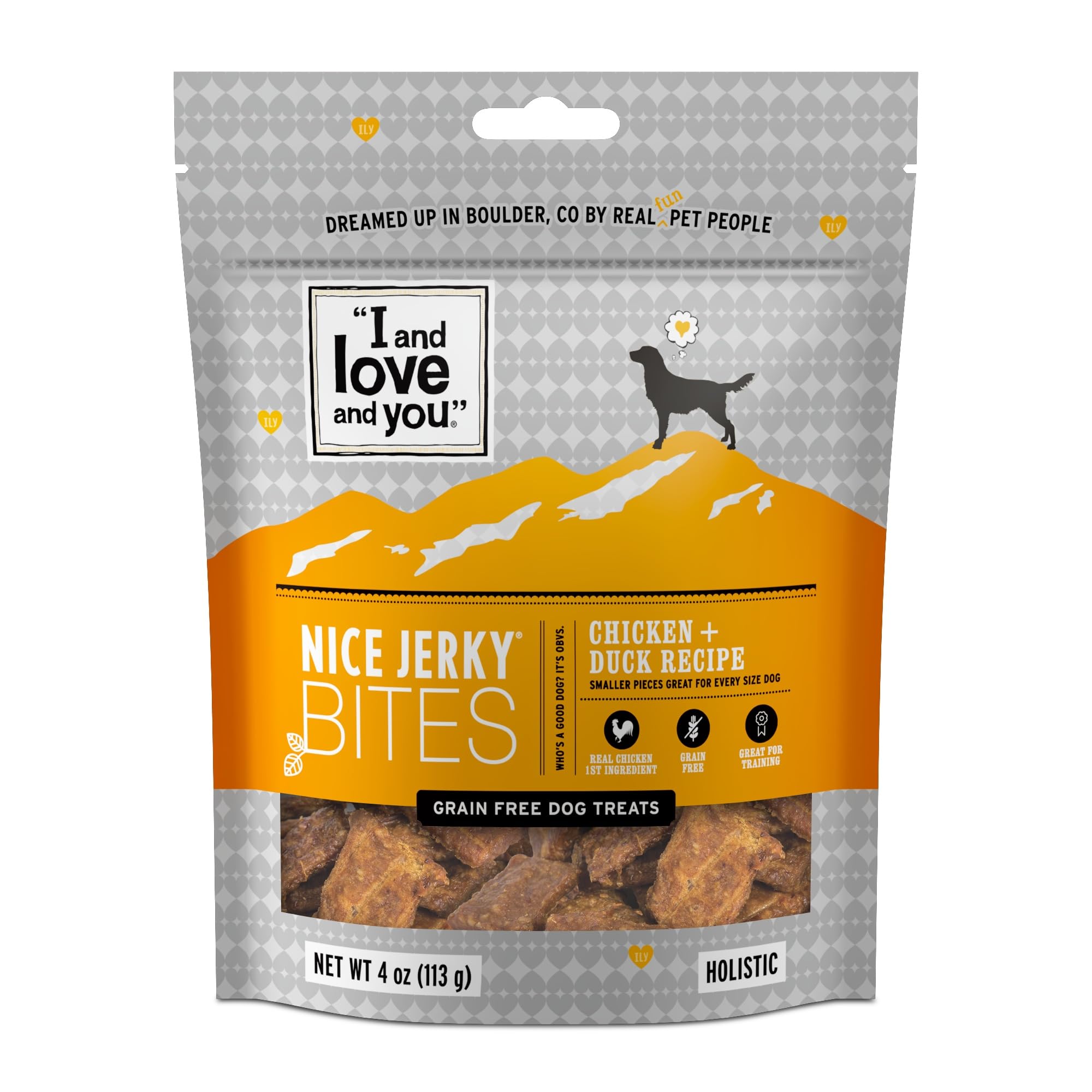 I and love and you Nice Jerky Bites - Chicken + Duck - Grain Free, Real Beef, Training Treat, Chewy Dog Treats, Filler Free, 4oz