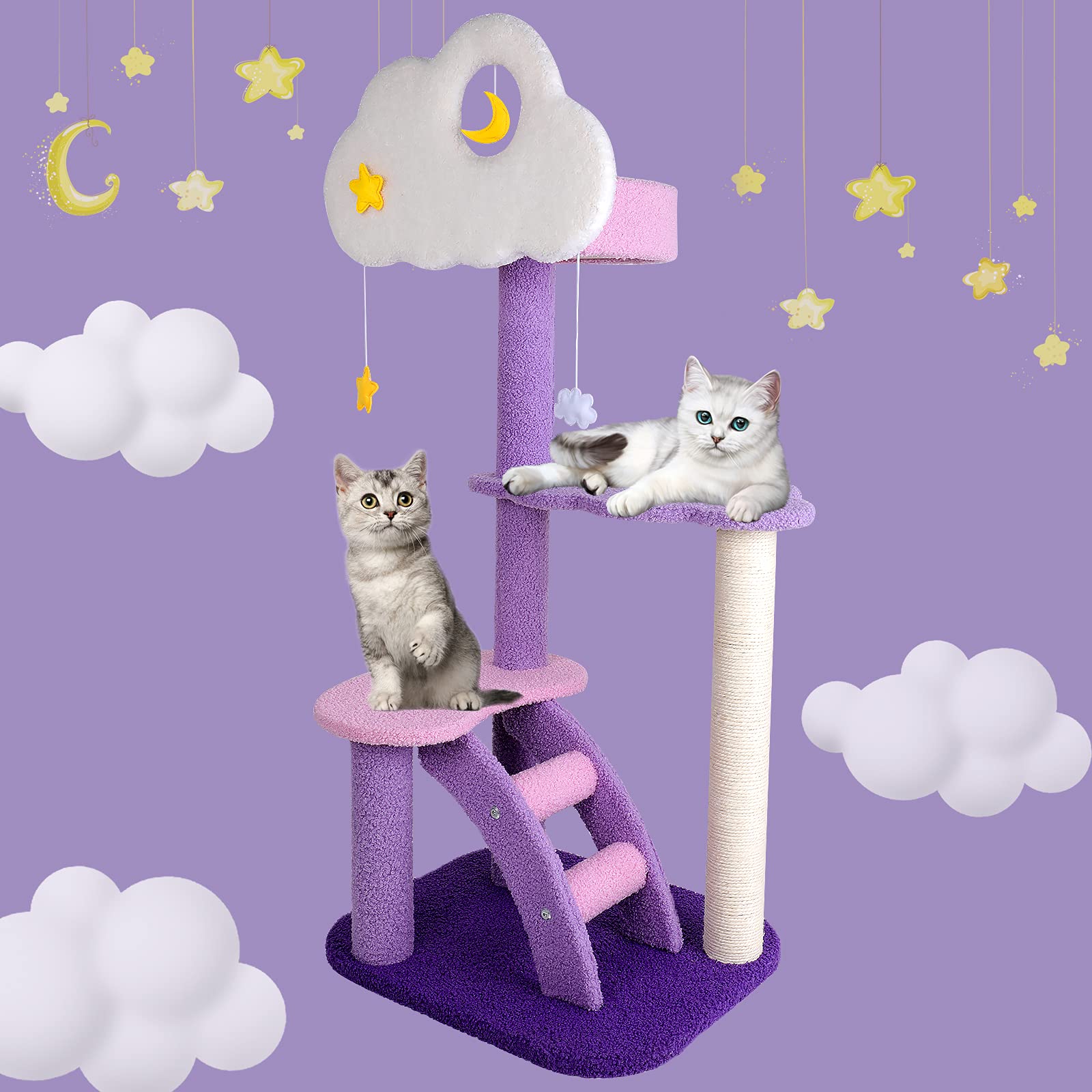 Lucky Monet 43 Inches Cat Tree Tower For Indoor Cats, 3-Layer Purple Cute Purple Pink Cat Tree Unique Cat Condo With Scratching