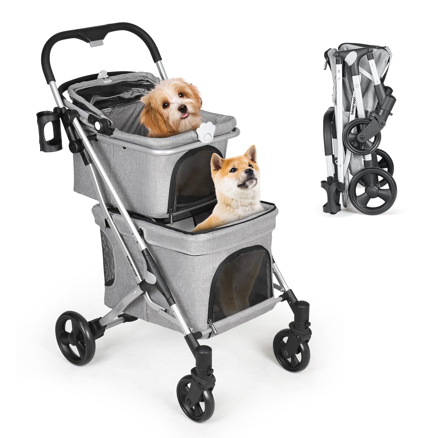 Beberoad Pets T1 Double Pet Stroller For 2 Small Dogs Or Cats Lightweight Foldable Double Cat Stroller With Detachable Carrier (