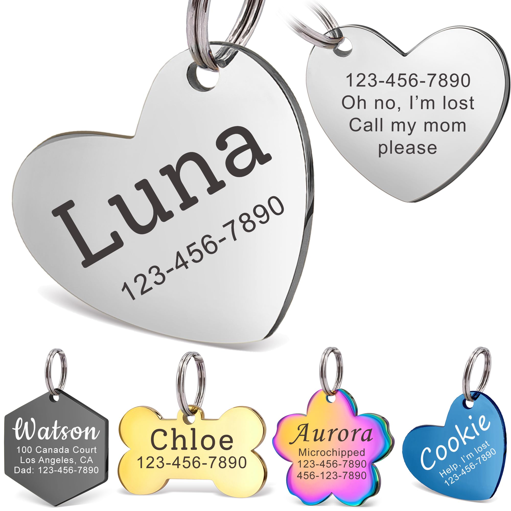 Anavia Personalized Pet Id Tags, Stainless Steel Glossy Laser Engraved Dog Cat Collar Name Tags, Multiple Colors Shapes Sizes (T