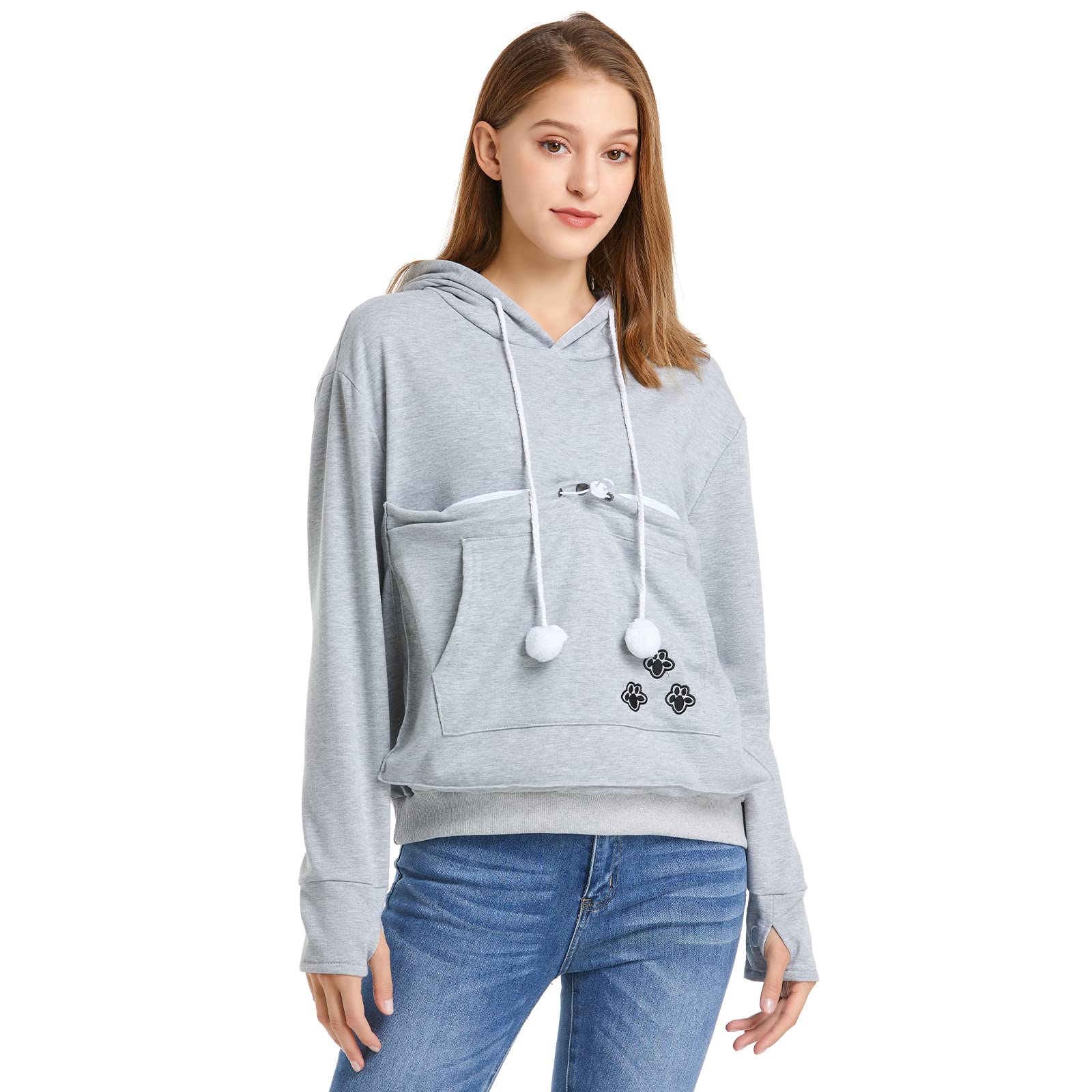 Alyc Unisex Hoodies Pet Holder Cat Dog Large Pouch Carriers Pullover With Cat Printing Sweatshirt (Light Grey- Classic Version, 