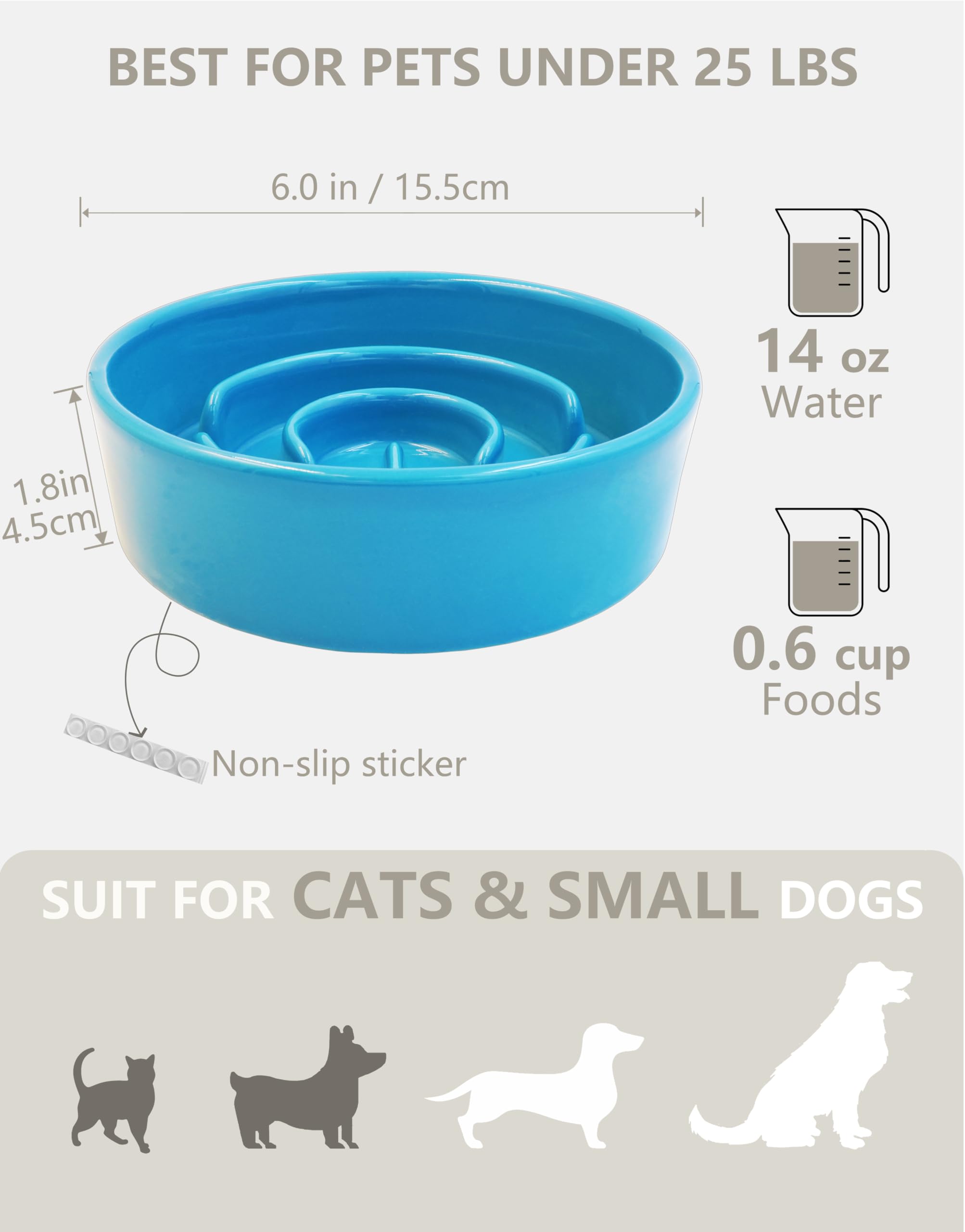 Mopang Ceramic Slow Feeder Dog Bowls, 0.6 Cup Slow Feeder For Small Dogs And Cats, Puzzle Maze Bowl, Prevents Choking, 6In, Blue