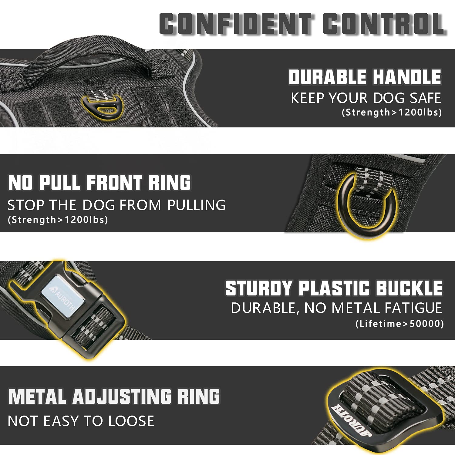 Auroth Tactical Dog Harness For Large Dogs No Pull Adjustable Pet Harness Reflective K9 Working Training Easy Control Pet Vest Military Service Dog Harnesses Black Xl