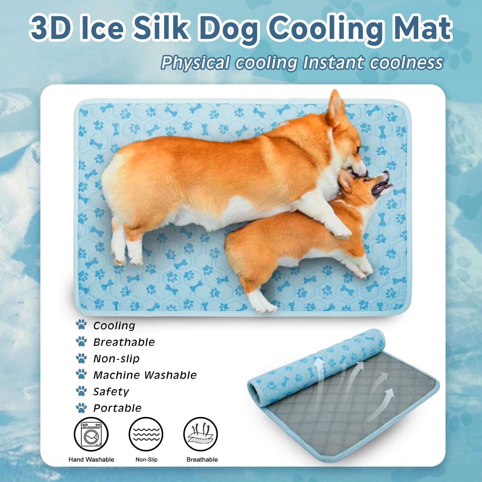 Yaogeg Upgraded Dog Cooling Mat Blue Ice Silk Cooling Mat For Dogs Cats Indoor/Outdoor Self Sleeping Kennel Pad,Washable & Porta