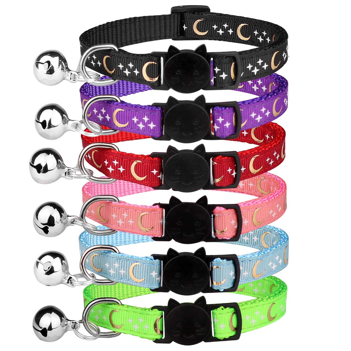 6 Pcs Breakaway Cat Collars With Bell Golden Moon Glowing Star In The Dark For Kitten