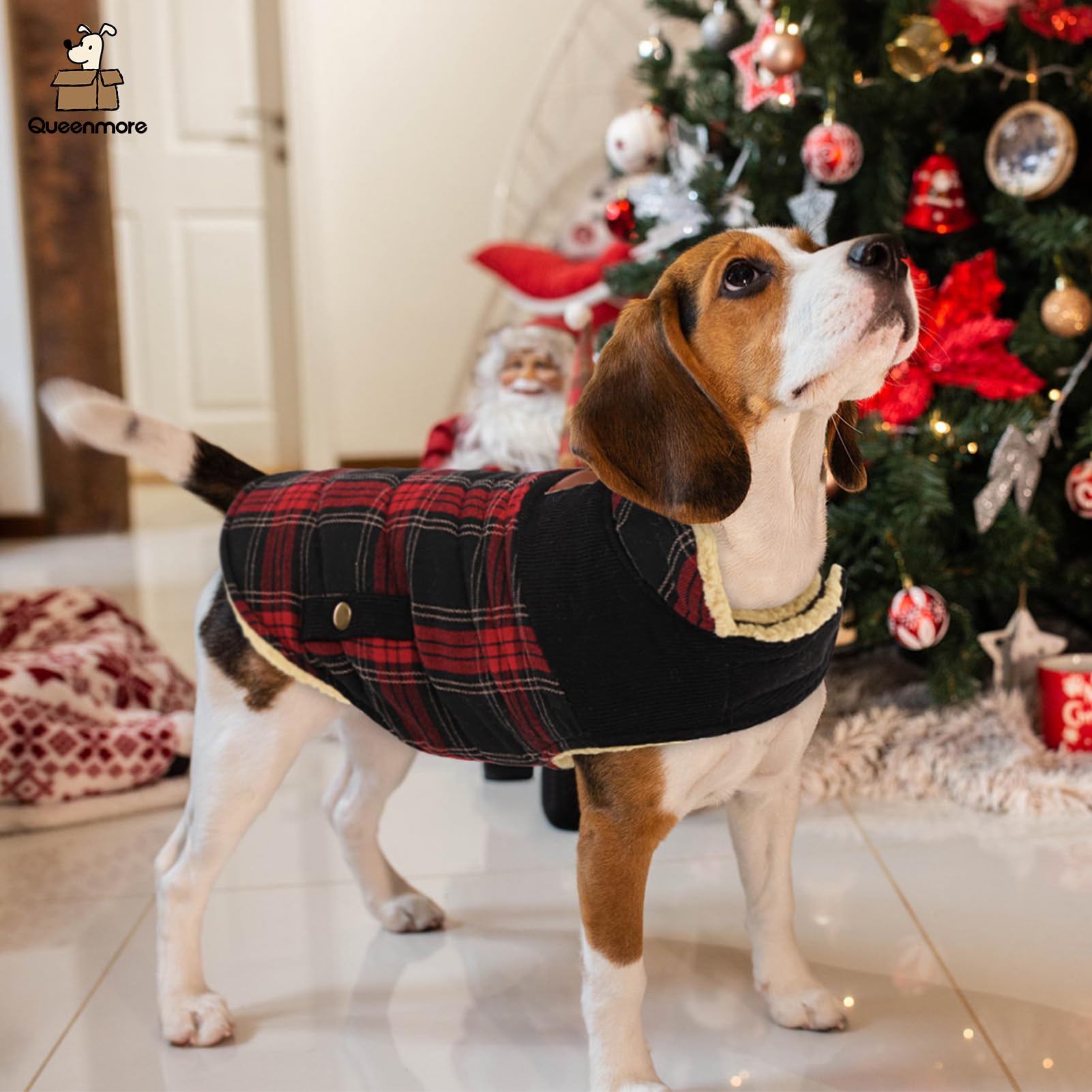 Queenmore Warm Dog Jacket For Cold Weather, Plaid Puffer Coat With Waterproofing, Fleece Padding, Leash Hole - Xs/Sm For Girl/Bo