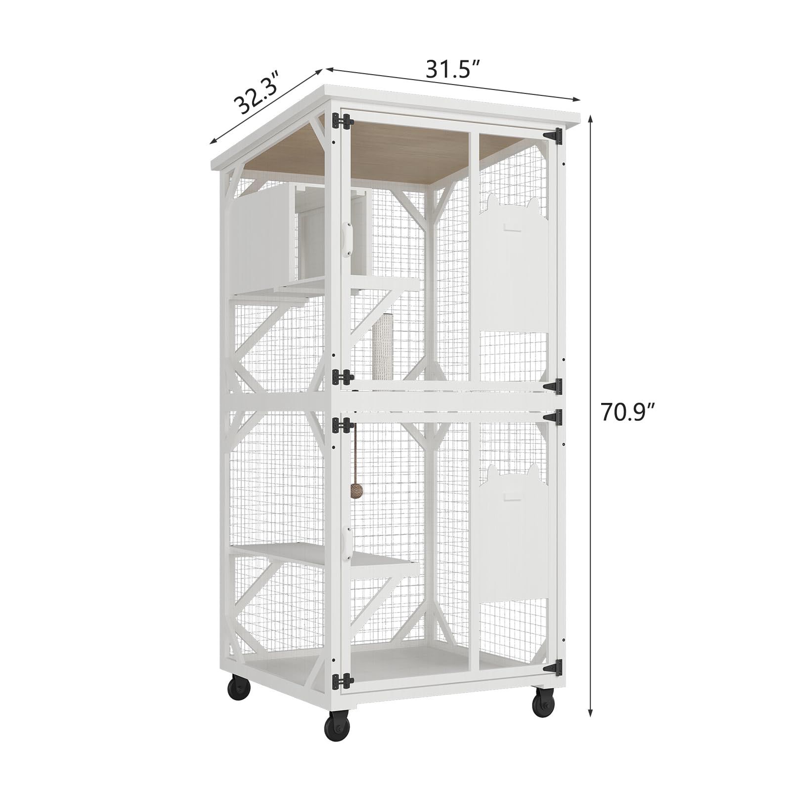 Roomtec Catio Outdoor Cat Enclosure - Large Wooden House With Roof, 71'' H, 3 Jumping Platforms & 1 Napping House For Cats (Whit