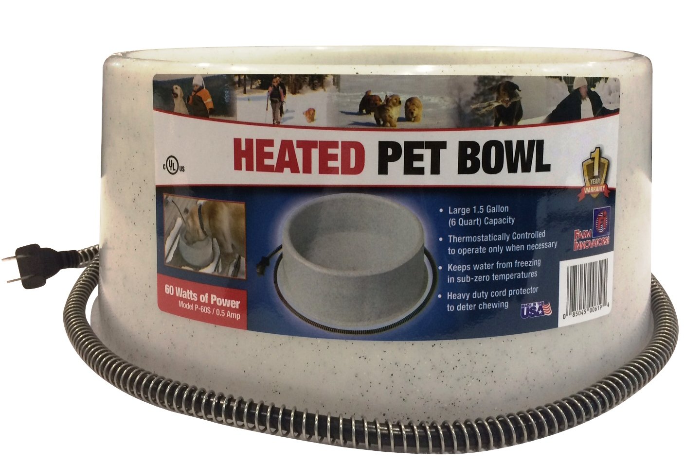 Farm Innovators Model P-60S 1-1/2-Gallon Round Heated Pet Bowl, 60-Watt, Speckletone