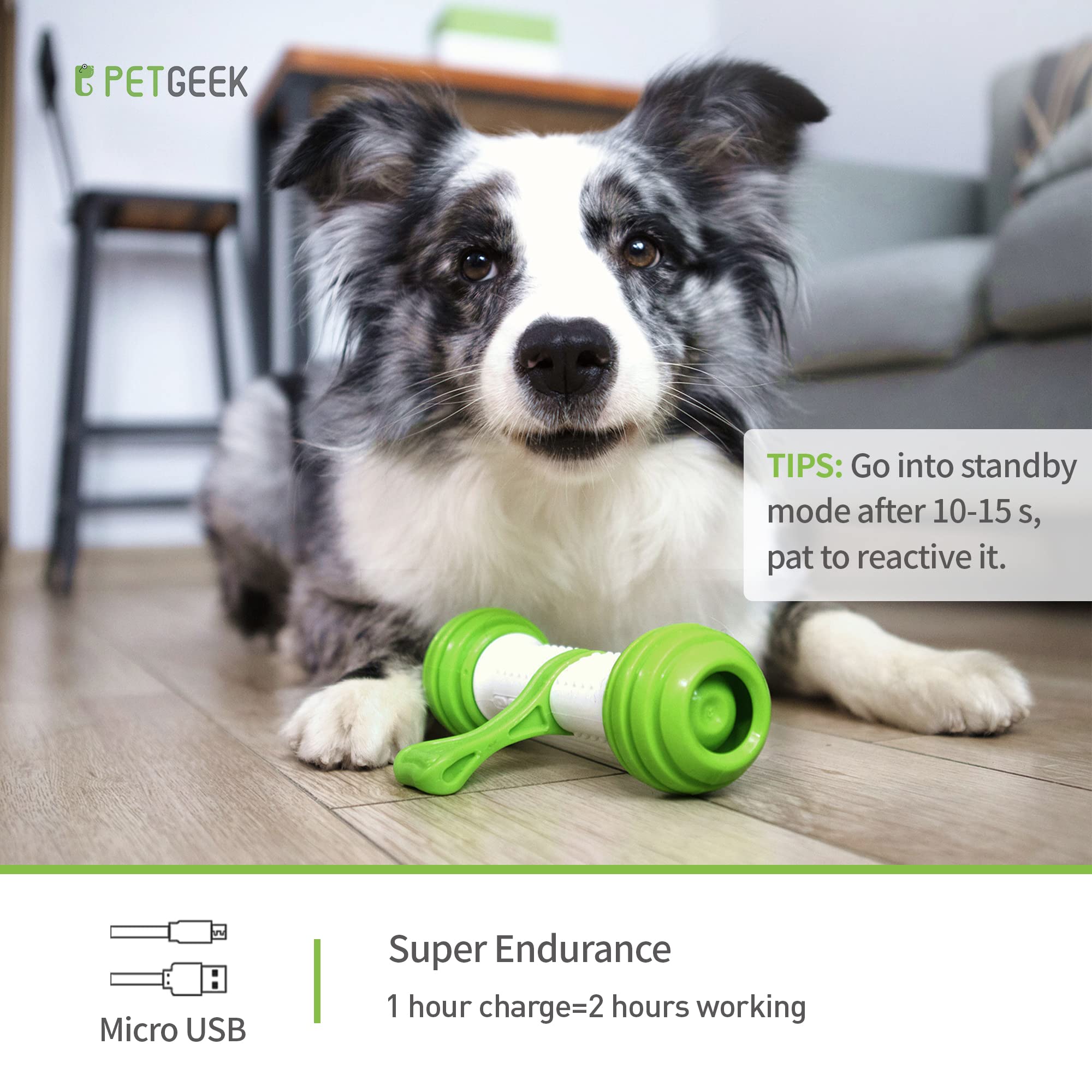 PETGEEK Interactive Dog Toy - Motion Activated USB Rechargeable Bone for Medium Large Dogs - Green Automatic Dog Toy for Boredom & Stimulation