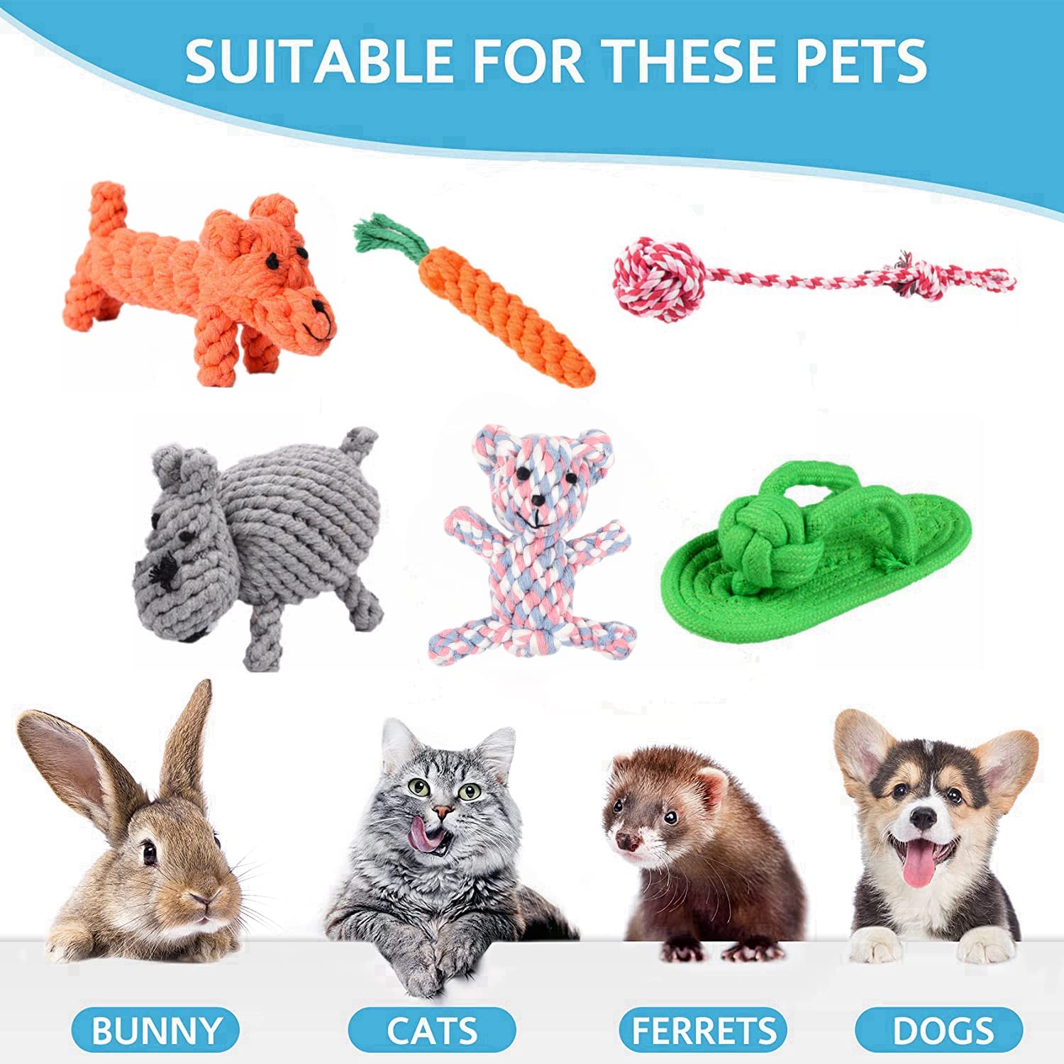 Haichen Tec 6 Pack Ferret Toys Rope Chew Toy Durable Knotted Rope Tug Perfect For Teething Mammals Cotton Rope Toys Interactive Dog Rope Toy Set Machine-Washable (6 Pack)