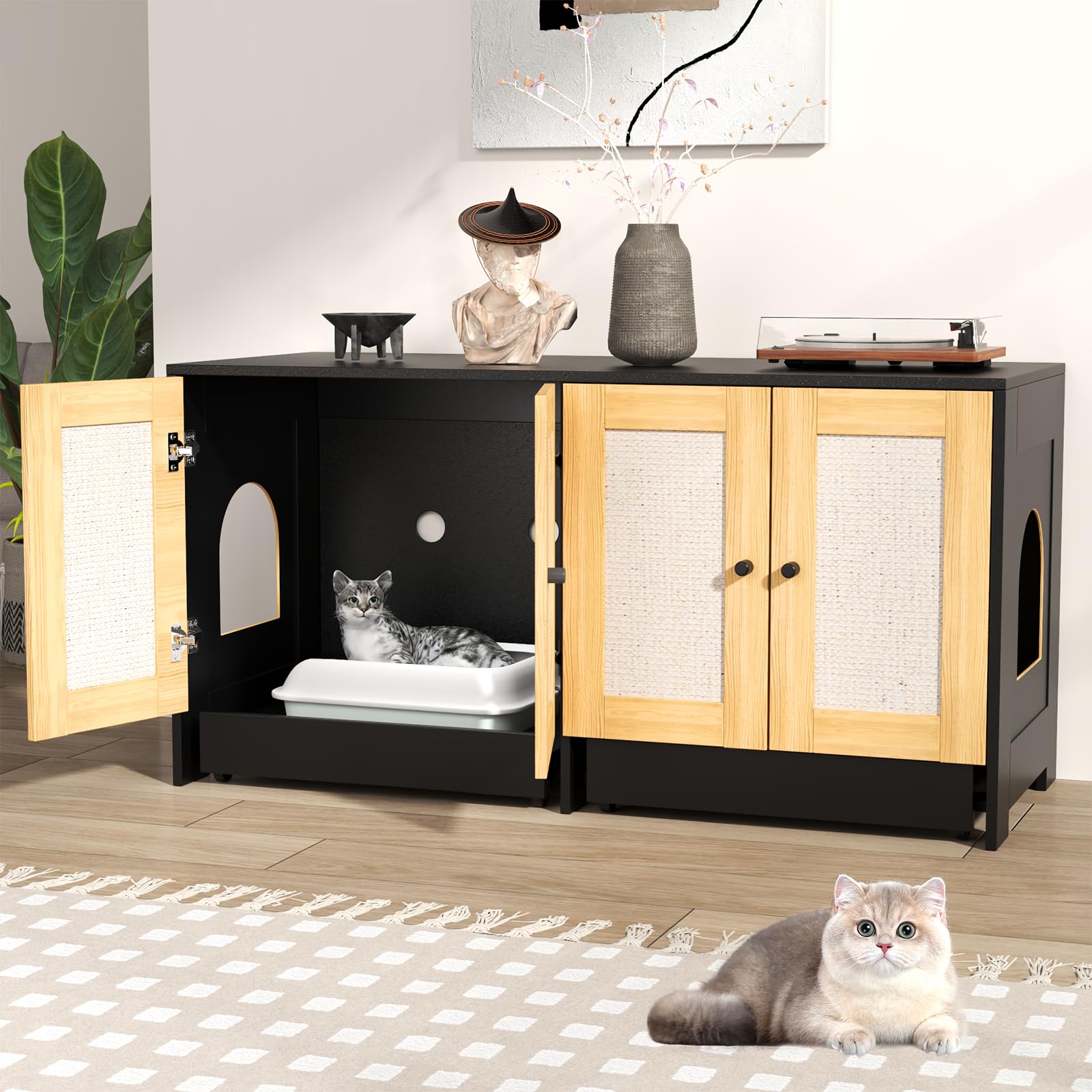 Yafylly Litter Box Enclosure For 2 Cats, Double Cat Box Enclosure Furniture, Cat Litter Cabinet With Storage And Scratching Boar
