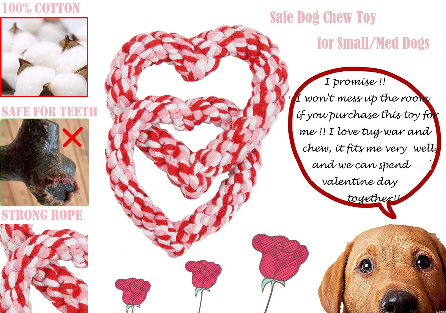 Boombone Valentines Dog Toy, Interlocking Heart Dog Rope Toy, Small Medium Dog Toy