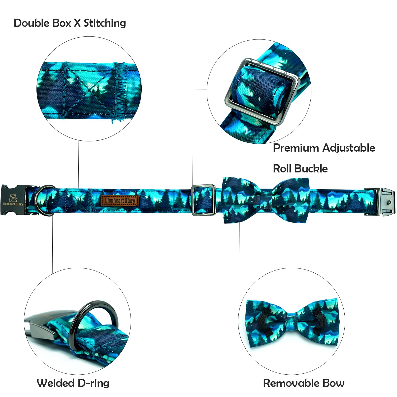 Lionheart Glory Dog Bow Collar Green Spring Summer Cute Collars For Small Dogs, Soft Duty Adjustable Dog Collar With Bowtie Pet