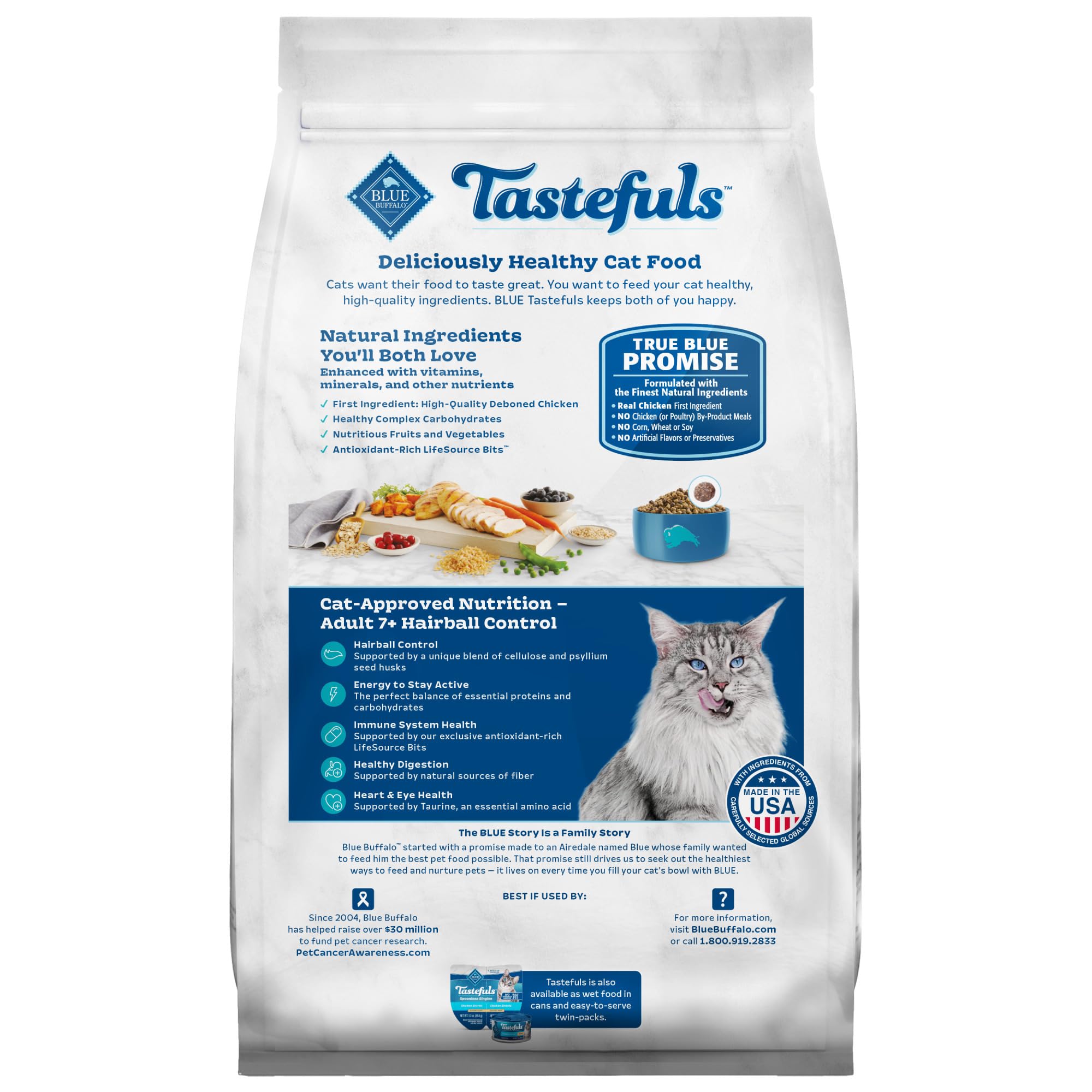 Blue Buffalo Tastefuls Natural Dry Food for Adult Cats 7+, Hairball Control, Chicken & Brown Rice Recipe, 7-lb. Bag
