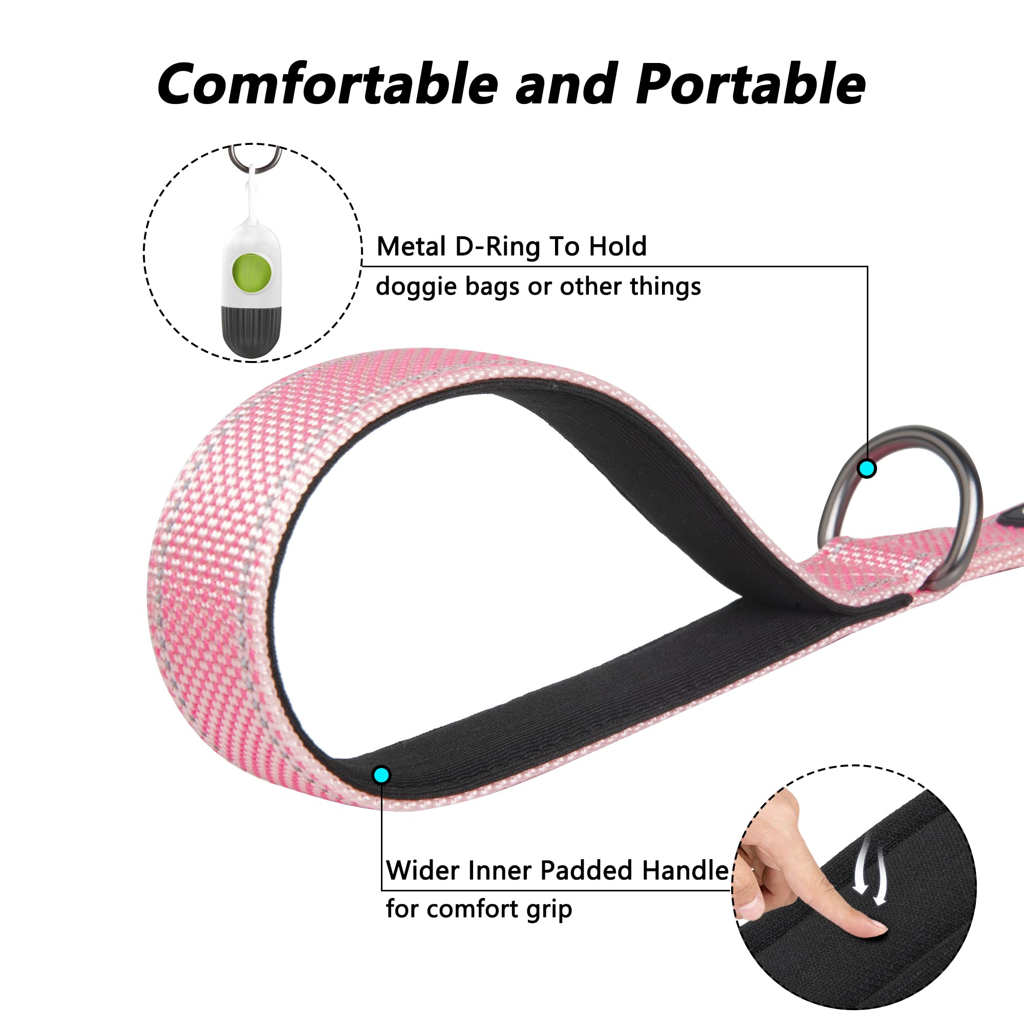 Petifine 4Ft Heavy Duty Dog Leash With Soft Padded Double Handle, Durable Strong Clasp Dog Leashes, Reflective Nylon Walking Lead For Large,Medium,Small Breed Dogs, Pink