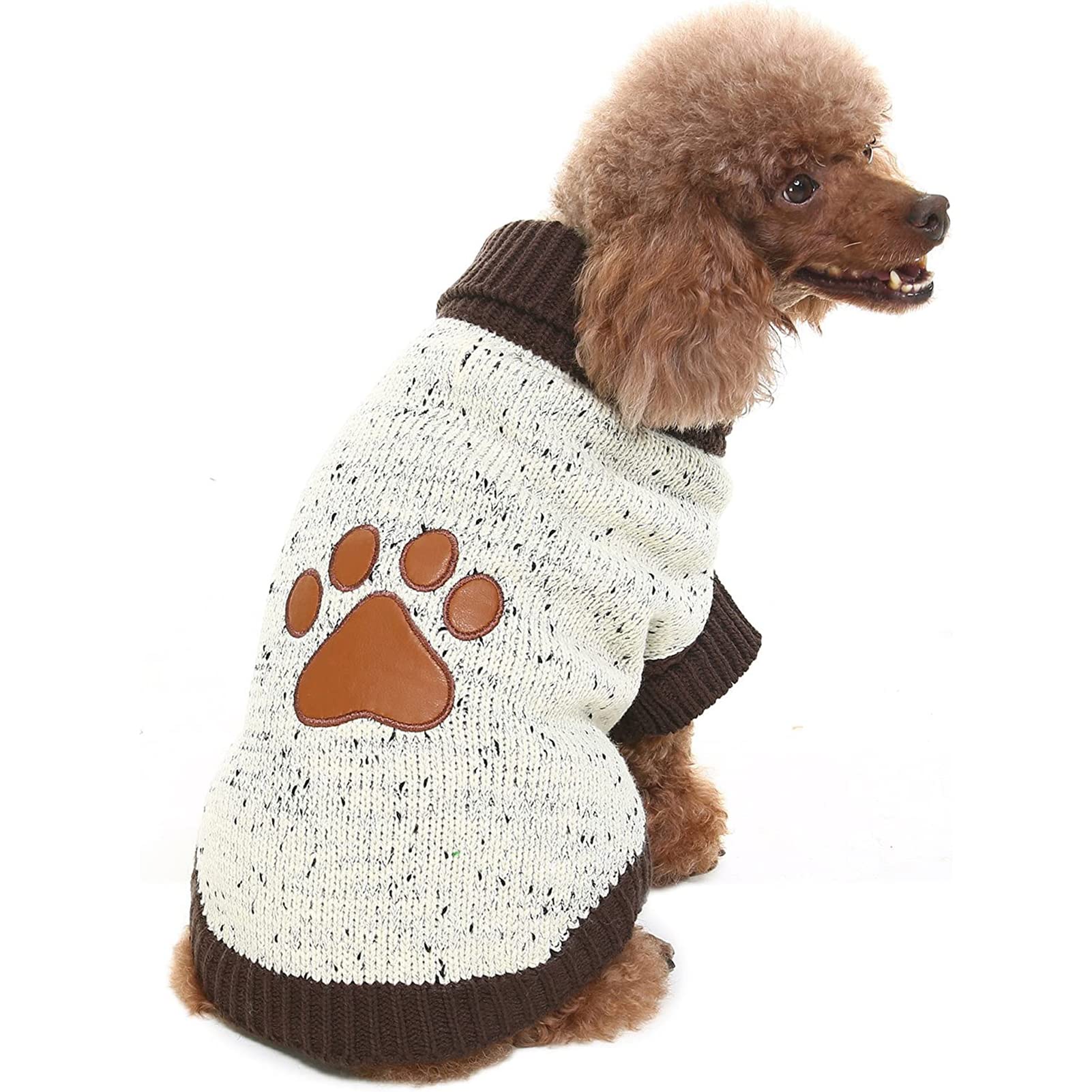 Bingpet Turtle Neck Dog Sweater - Brown Bone Pattern - Puppy Winter Warm Cloth For Small Medium Large Dogs
