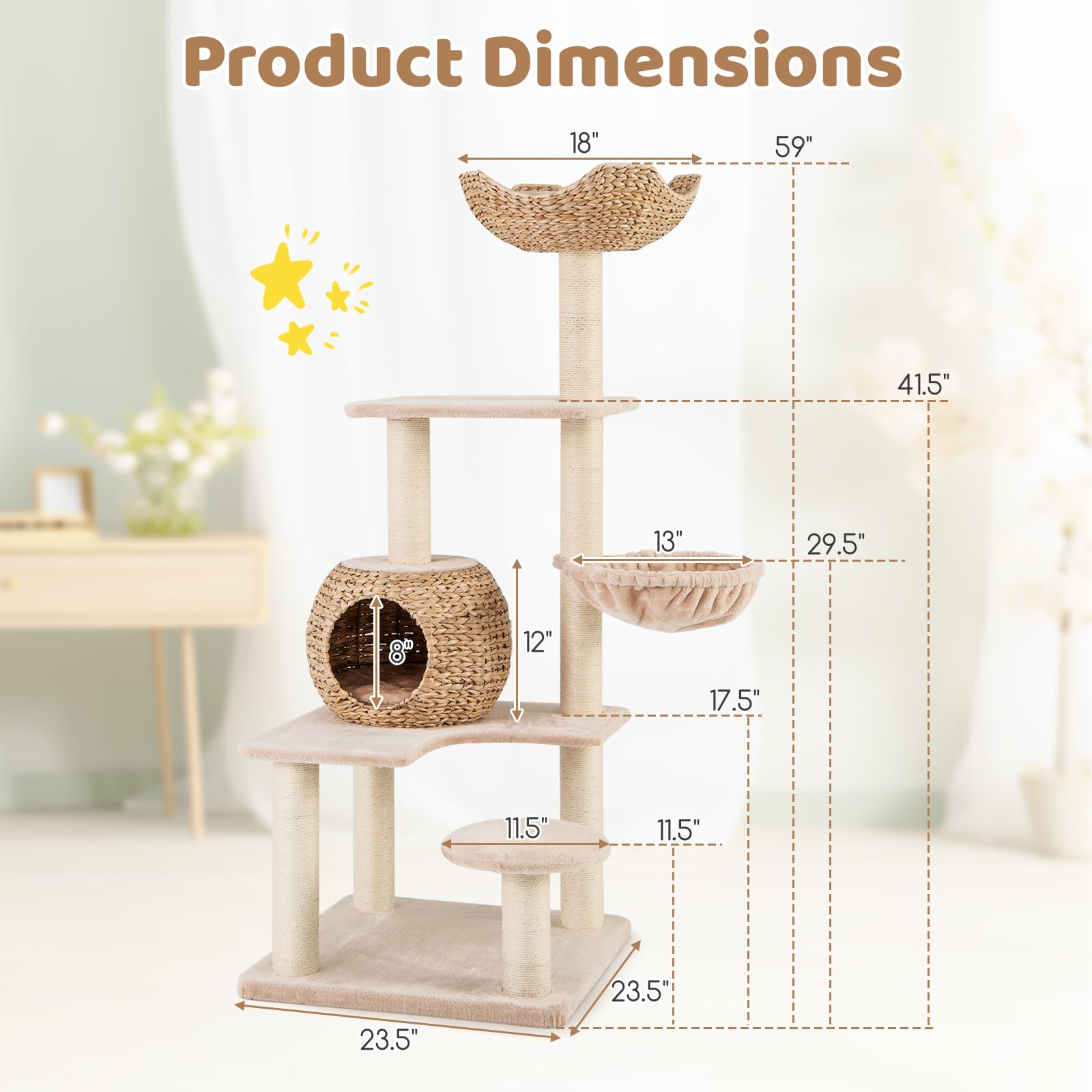 Tangkula Modern Cat Tree, 65 Inch Tall Cat Tower With Jute Scratching Posts, Dangling Balls, Cattail Basket Bed & Top Perch, Rem