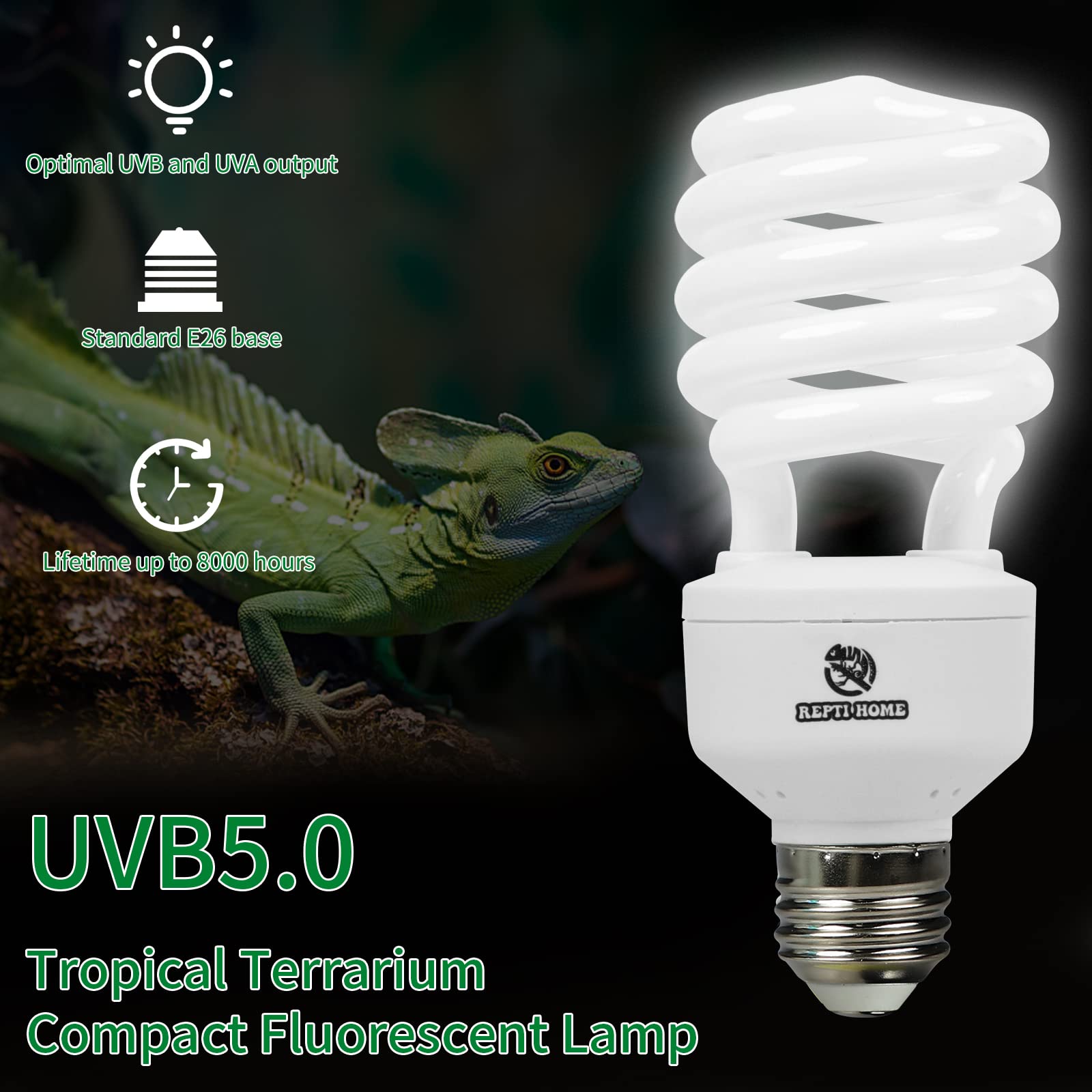 Repti Home Uvb Reptile Light 5.0, 26W Tropical And Sub-Tropical Uva Uvb Bulb For Reptiles, Tropical Terrarium Compact Fluorescent Lamp, Reptile Uvb Light Bulb For Chameleons, Iguanas, And Turtles