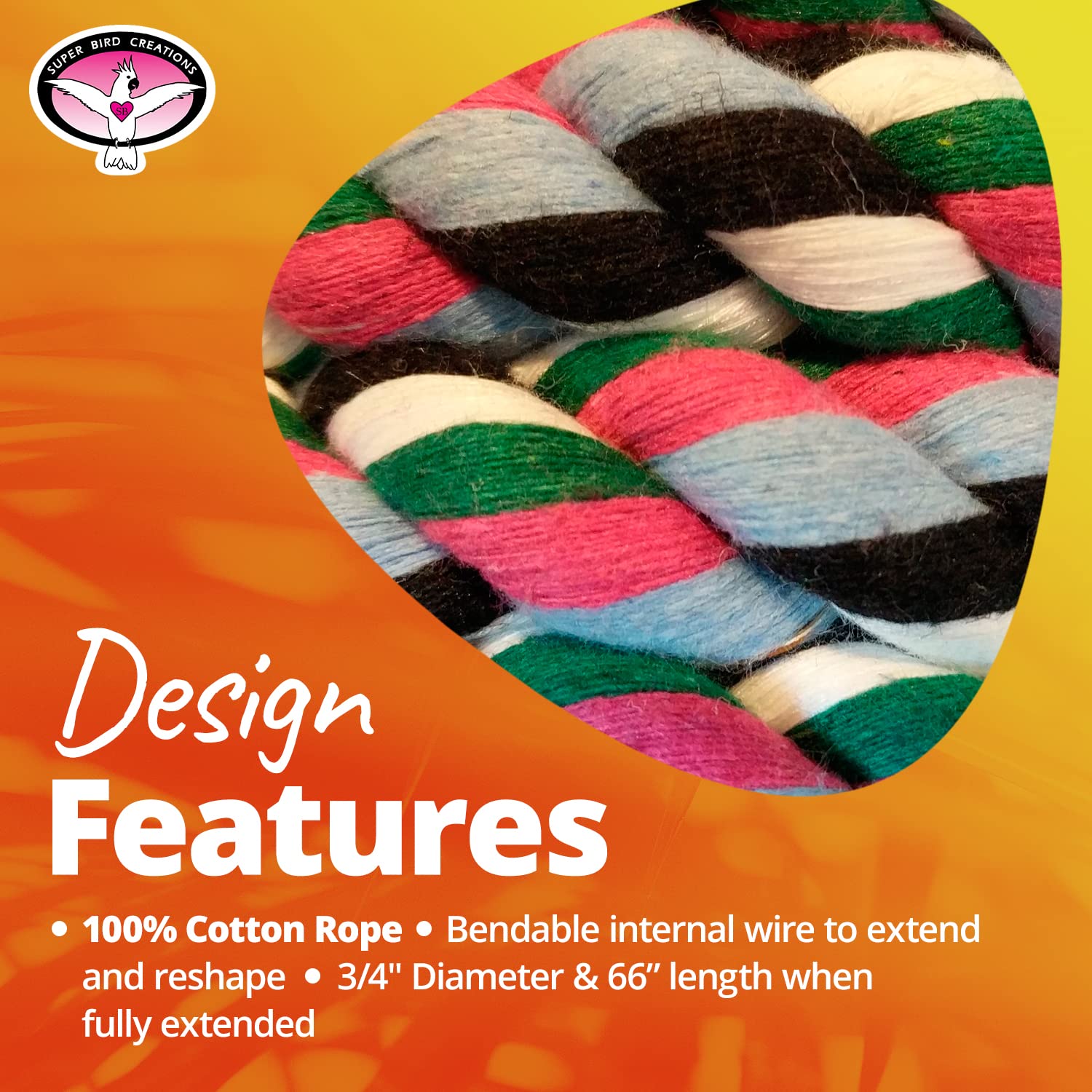 Super Bird Creations Sb324 Colorful Cotton Rope Bungee Bird Toy, Medium Bird Size, 3/4'' Diameter X 66''