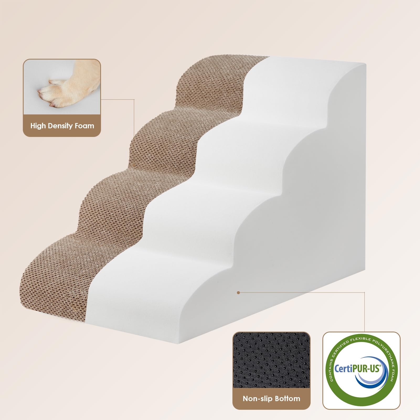 Eheyciga Curved Dog Stairs Ramp For High Beds 19.7' H, 4-Step Dog Steps For Small Dogs And Cats, Pet Stairs For High Bed Climbing, Non-Slip Balanced Pet Step Indoor, Camel