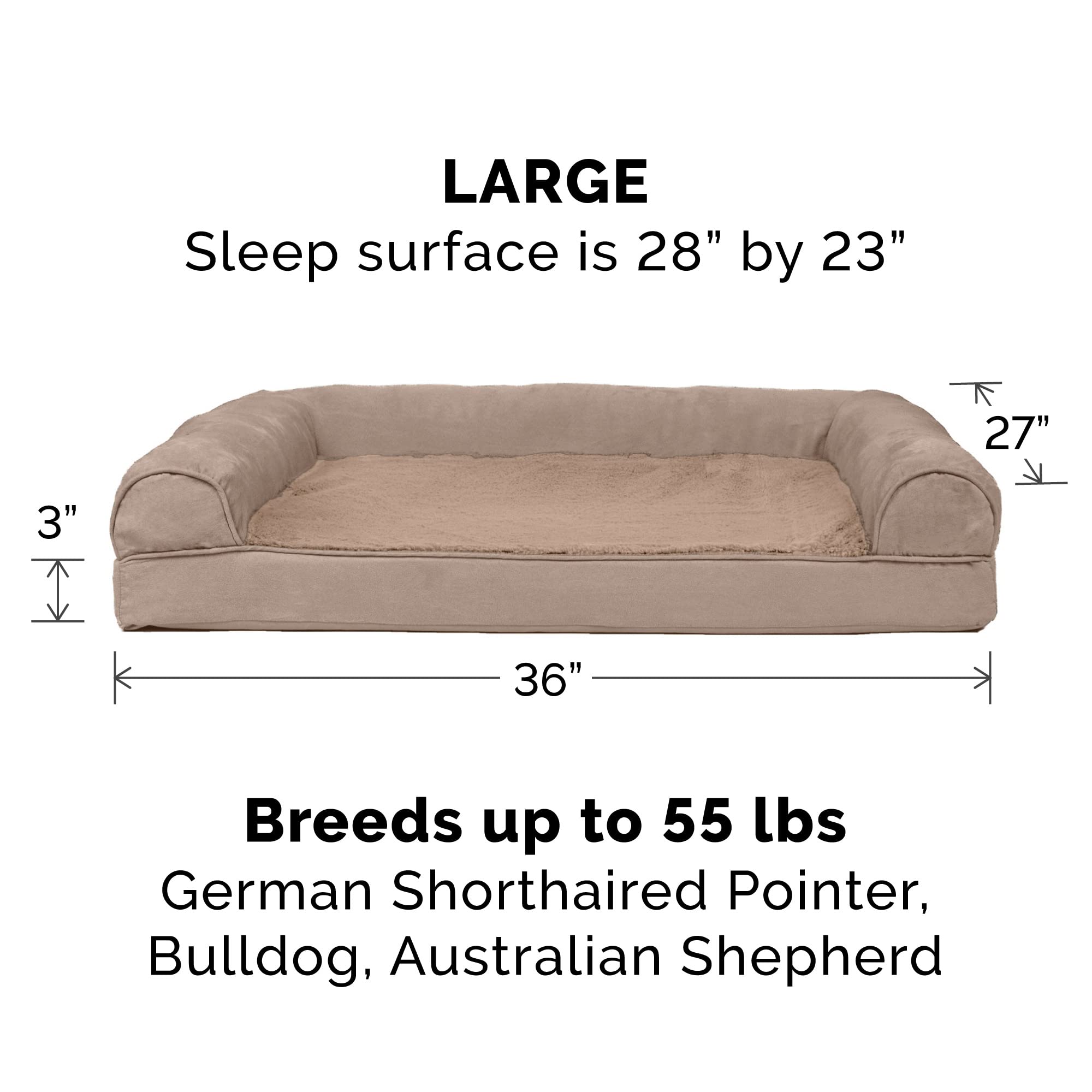 Furhaven Orthopedic Dog Bed For Large/Medium Dogs W/ Removable Bolsters & Washable Cover, For Dogs Up To 55 Lbs - Plush & Suede Sofa - Almondine, Large