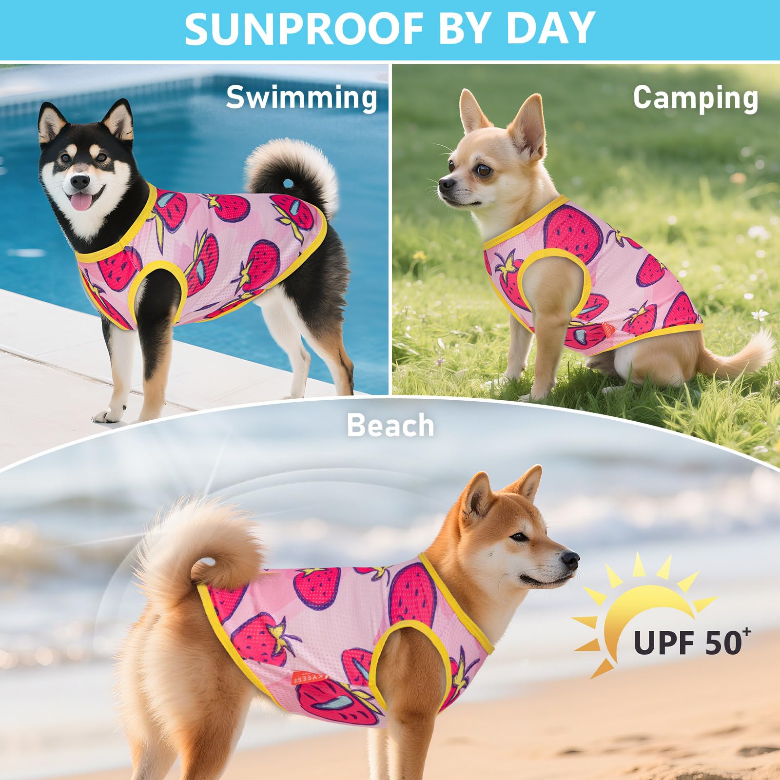 Kyeese 2 Pack Dogs Shirts Quick Dry Lightweight Dog T-Shirts With Reflective Label Tank Top Sleeveless Dog Vest For Small Dogs Puppy Clothes Strawberry Pattern Great For Summer, Large, Strawberry+Rose