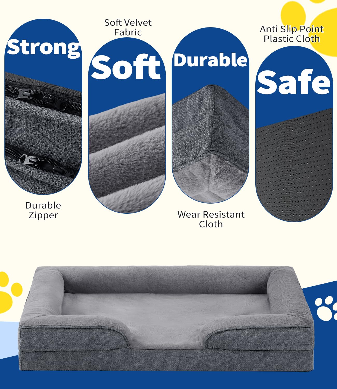 Made4Pet Orthopedic Dog Beds For Large Dogs, Dog Sofa Couch Egg-Crate Foam 38' Pet Couch Bed With Washable Waterproof Cover,Gra