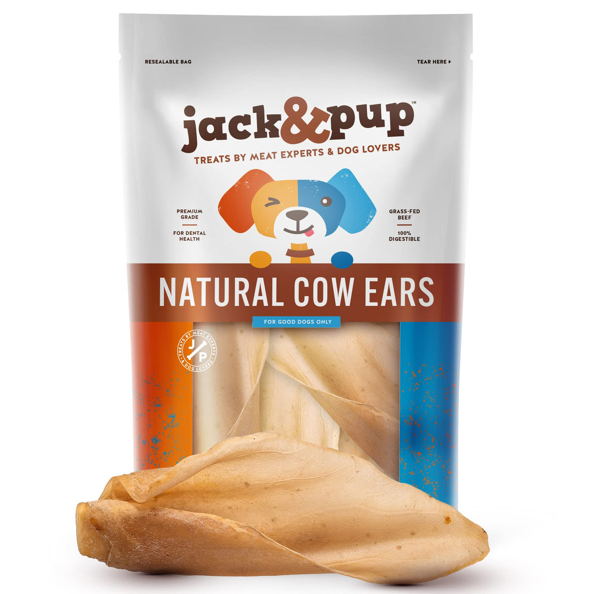 Jack&Pup Natural Cow Ears For Dogs Single Ingredient Dog Treat, Unbleached Healthy Dog Treats Natural Dog Treats For Medium Dogs With Chondroitin Joint Health For Dogs Cow Ear Dog Chews (15 Pack)