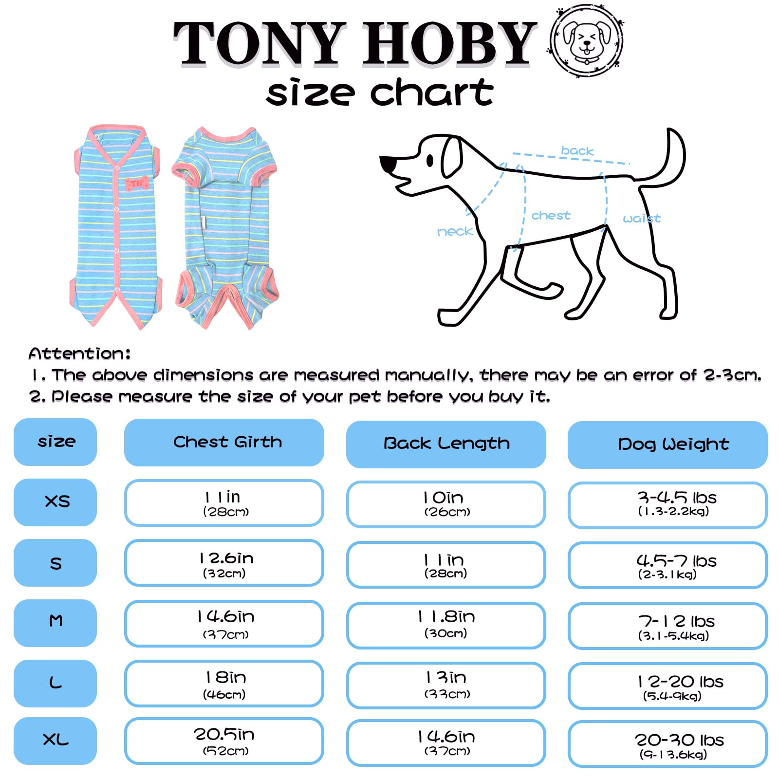 Tony Hoby Female Dog Pajamas, Dog Thermal Jumpsuit With Stripe For Small/Medium Dogs (Light Blue, Girl, Xl)
