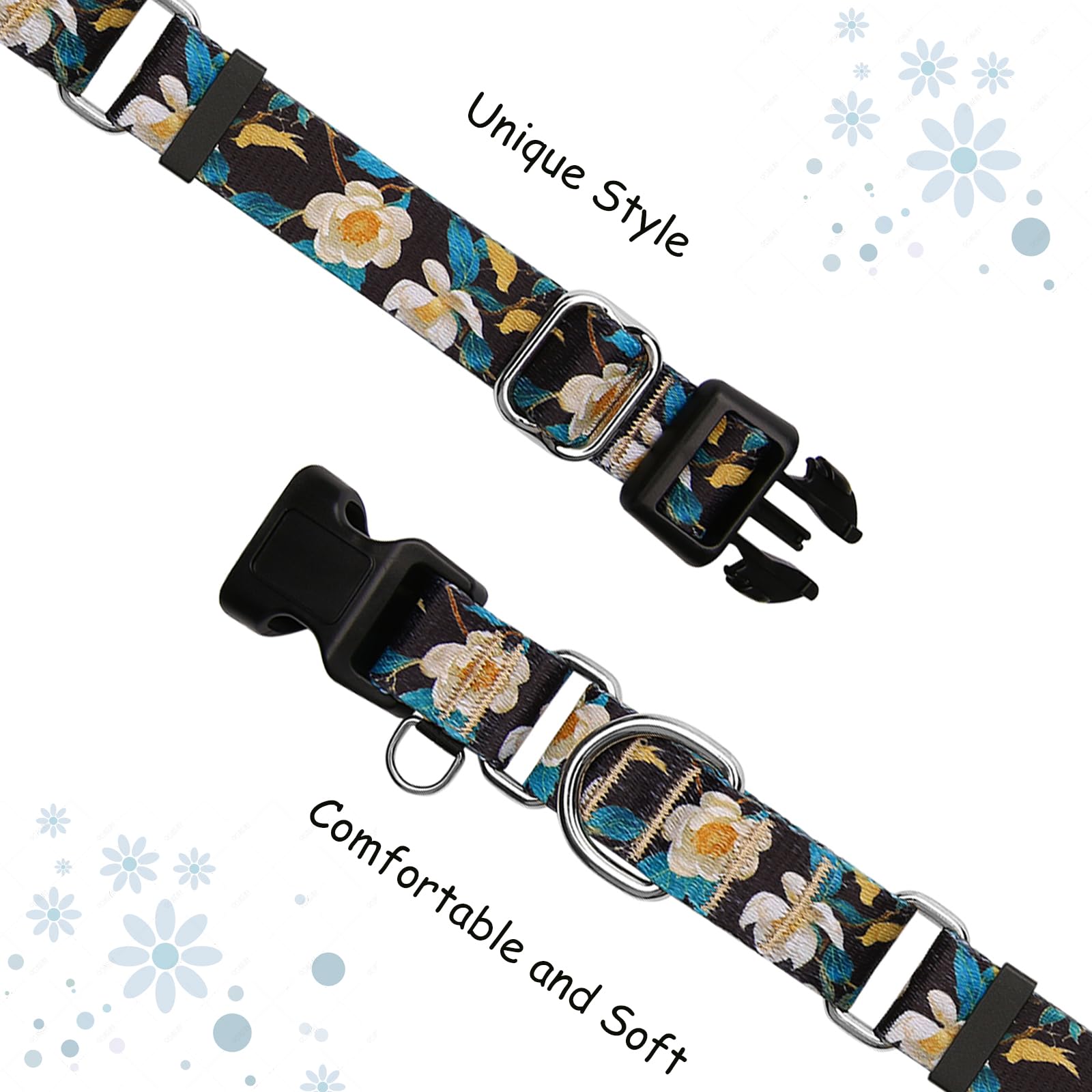Fidohug Martingale Collar for Dogs with Buckle Pretty Cute Floral Nylon Dog Collars for Medium Dogs (Luxury Golden Flowers, Medi