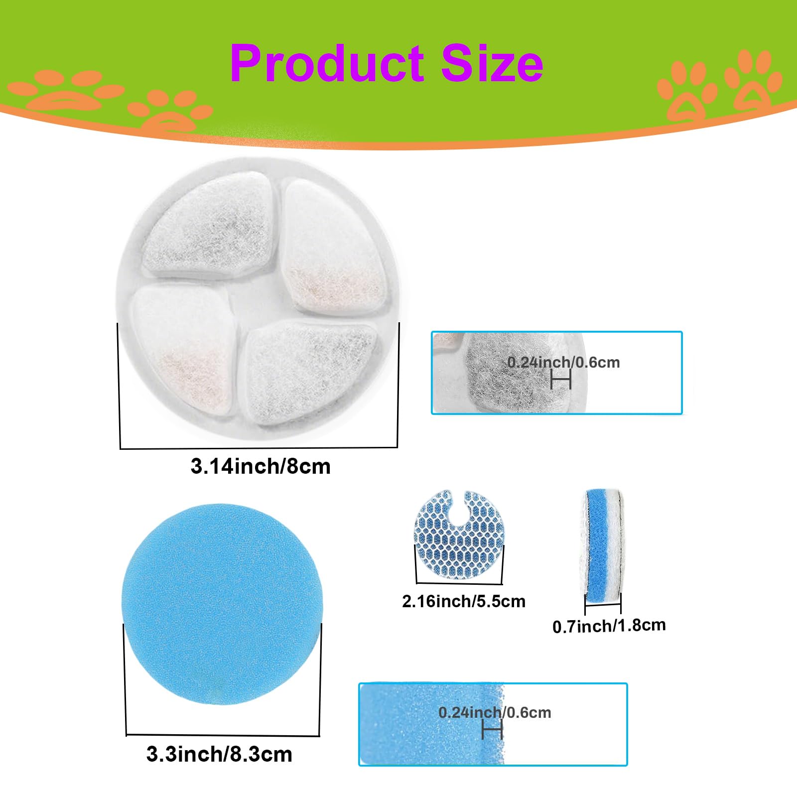 Cat Water Fountain Filter,Cat Fountain Filters Replacement for Round 2L/67oz Stainless Steel Pet Water Fountain,10 Set Pet Fount