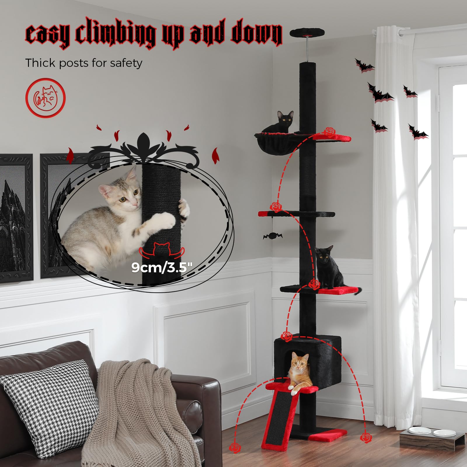 Pequlti Gothic Cat Tree Floor To Ceiling, Tall Cat Tower, Adjustable Height (83''-108'') 5 Tiers Climbing Tree For Indoor Cats W