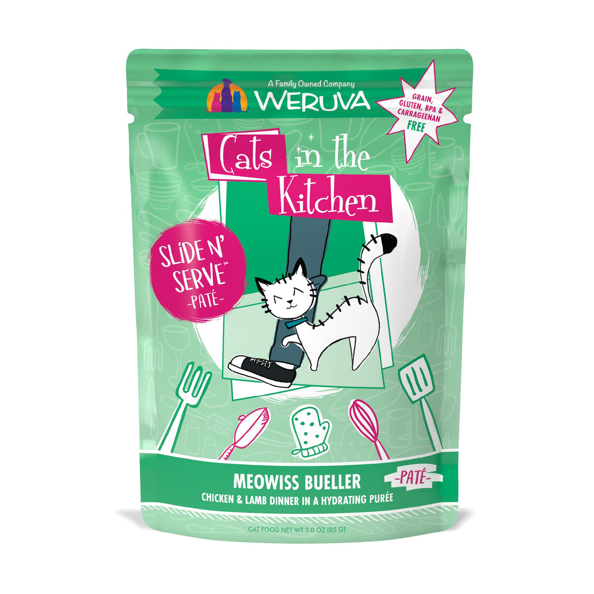 Weruva Cats In The Kitchen Slide N' Serve Grain-Free Natural Wet Pate Cat Food Pouches, Meowiss Bueller, 3Oz Pouch (Pack Of 12)