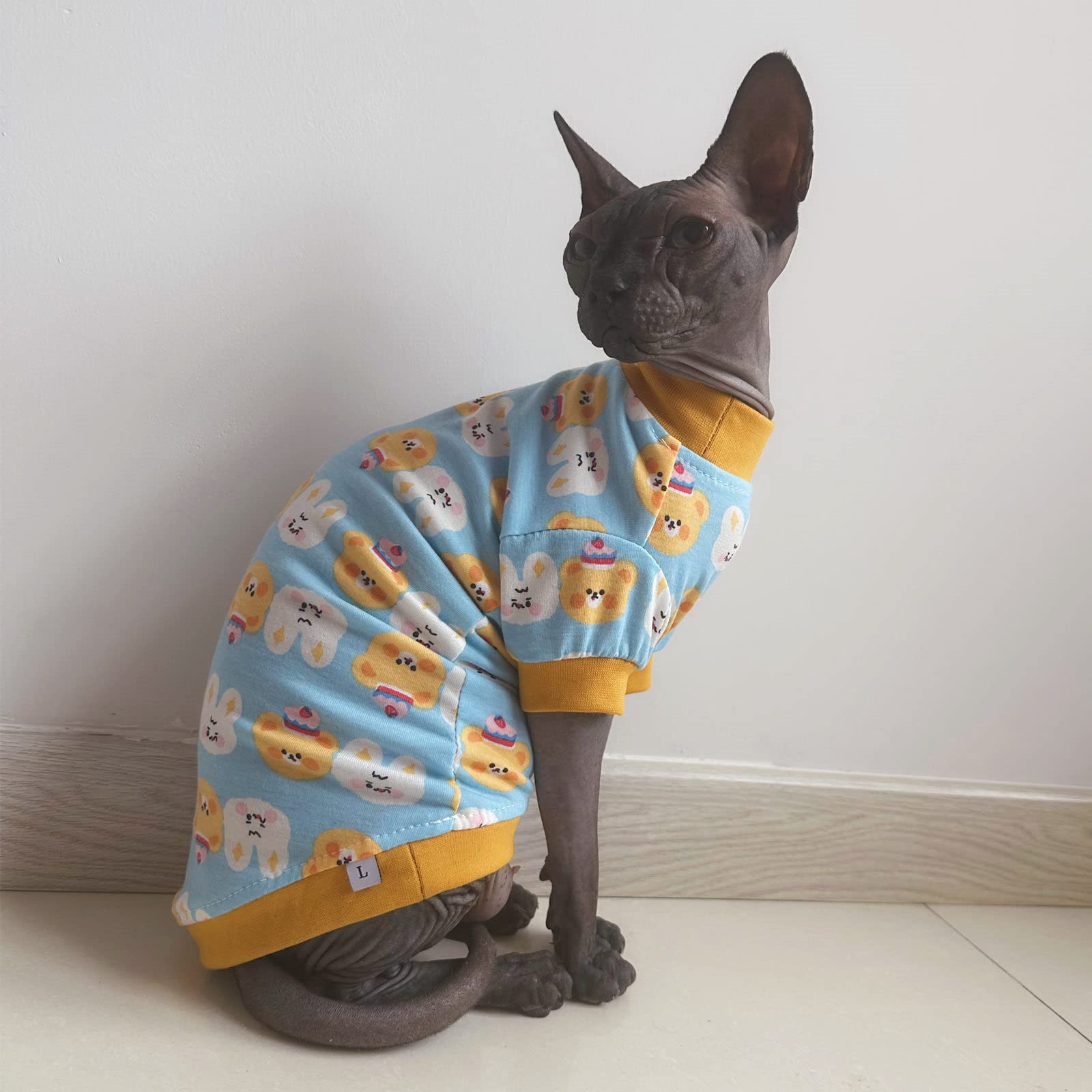 Sphynx Hairless Cat Cute Summer Cotton T-Shirts Pet Clothes,Round Collar Kitten Shirts Cats Apparel (Bear & Bunny, X-Large (Pack