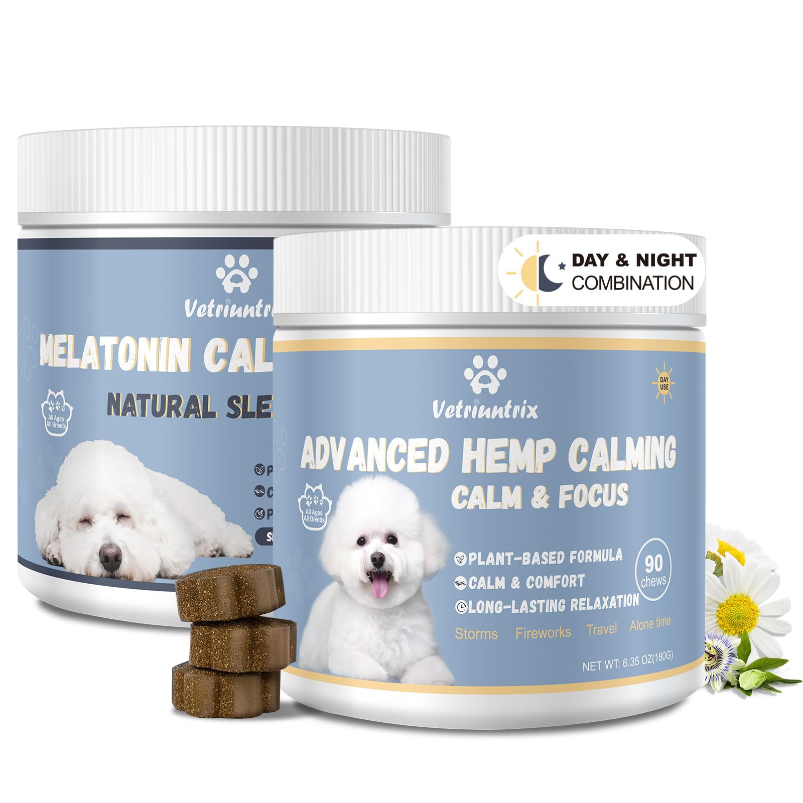 Vetriuntrix Calming Chews with Melatonin Set, Dog Calming Soft Chews for Fireworks, Storms, Thunder, Barking, Separation