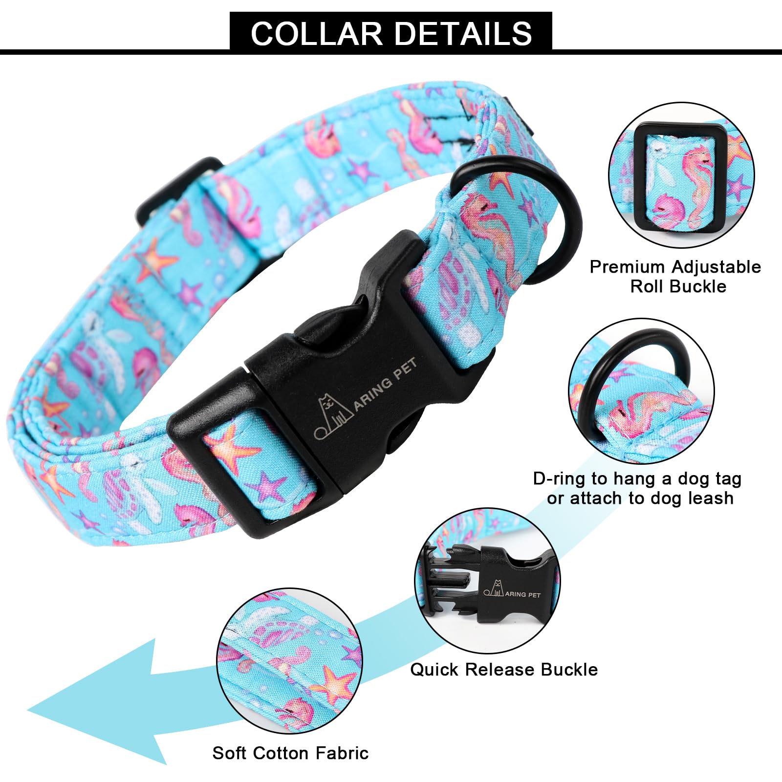Aring Pet Summer Dog Collar-Cotton Lightweight Blue Dog Collars, Adjustable Seahorse Turtle Pet Collar Puppy Collars With Quick