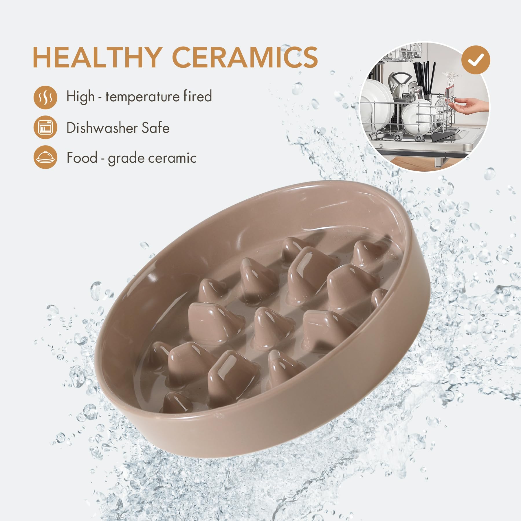 Havniva Ceramic Raised Slow Feeder Dog Bowl Set, Elevated 7.3inch Bowl and 8.2inch Slow Pet Food Dish with Wooden Stand for Medi