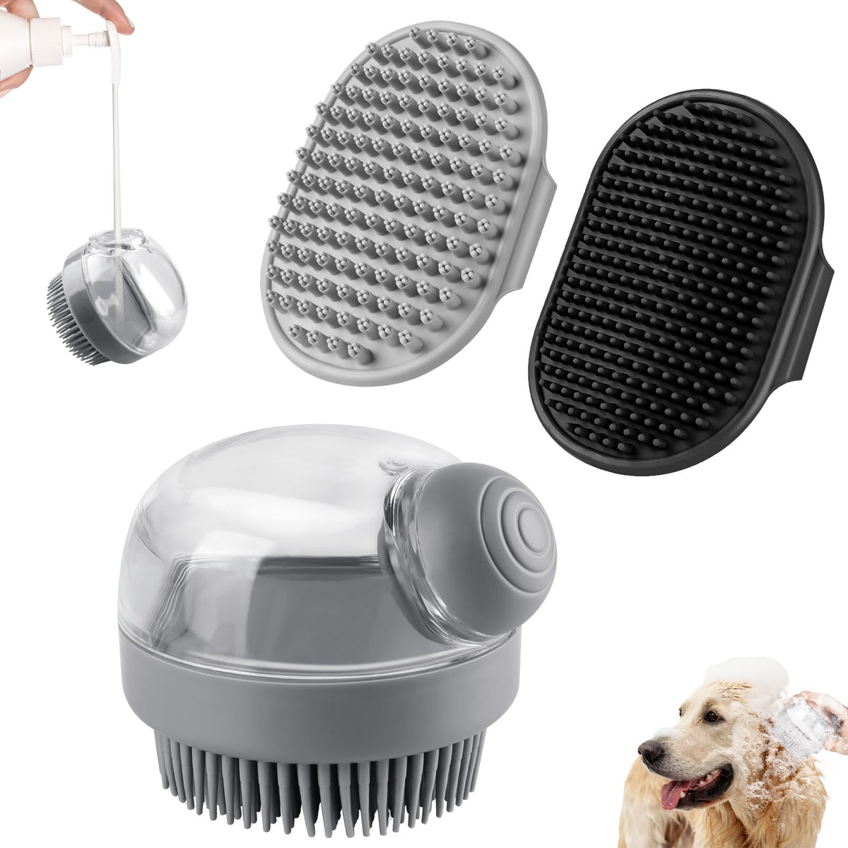 Comotech 3Pcs Dog Bath Brush | Dog Shampoo Brush | Dog Scrubber For Bath | Dog Bath Brush Scrubber | Dog Shower/Washing Brush With Adjustable Ring Handle For Short & Long Hair (Gray Black Gray)