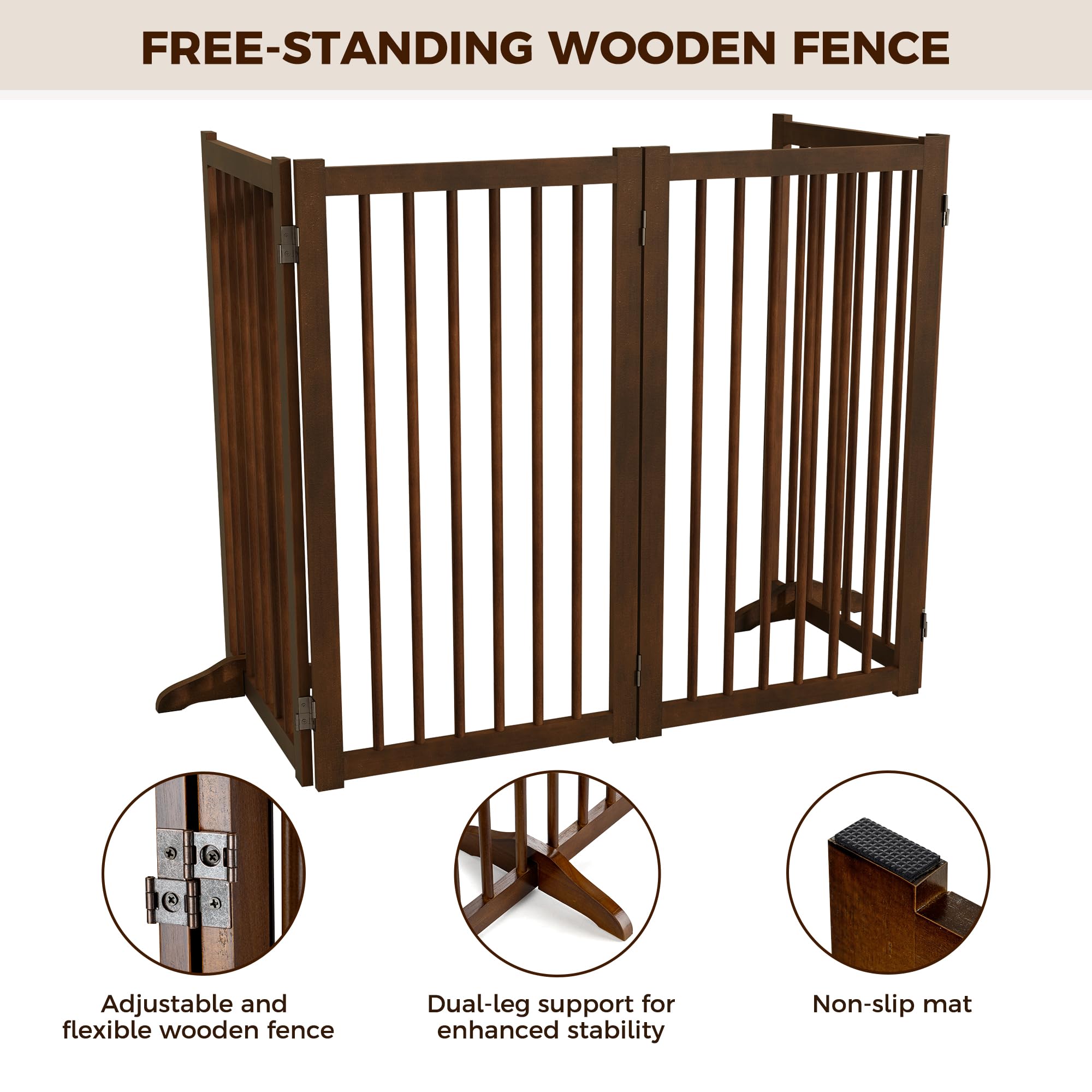 36'' H Freestanding Pet Gate, Solid Wood Foldable Dog Gate with Support Feet, Wooden Tall Dog Gate for Doorway, Stairs & Indoor