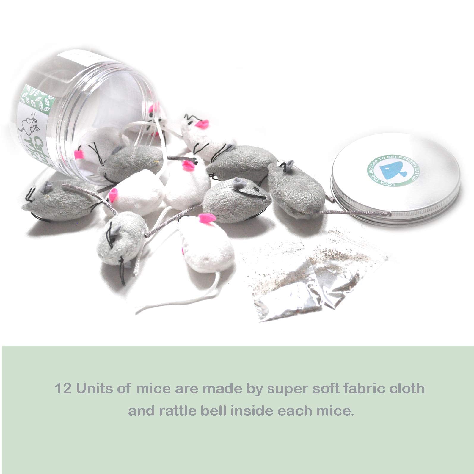 Ballmie Catnip Mice For Cat Toys With Rattle Bell Mouse Kitty Toys (White & Grey)