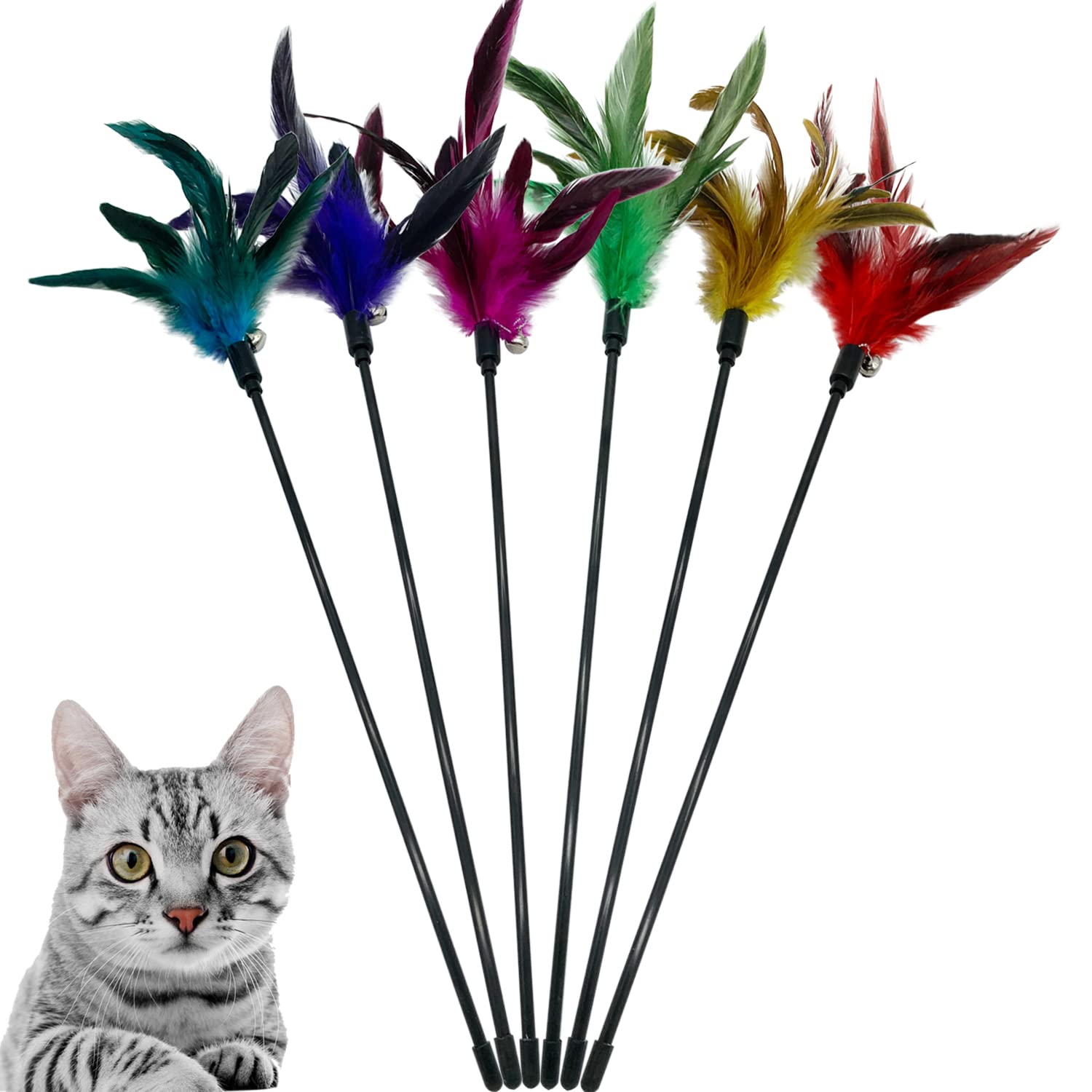 Cateness Cat Wand Toy Feather Stick Cat Toys, 6 Pcs Cat Feathers Wand Toy, Interactive Cat Toy Feather Wand For Indoor Cats