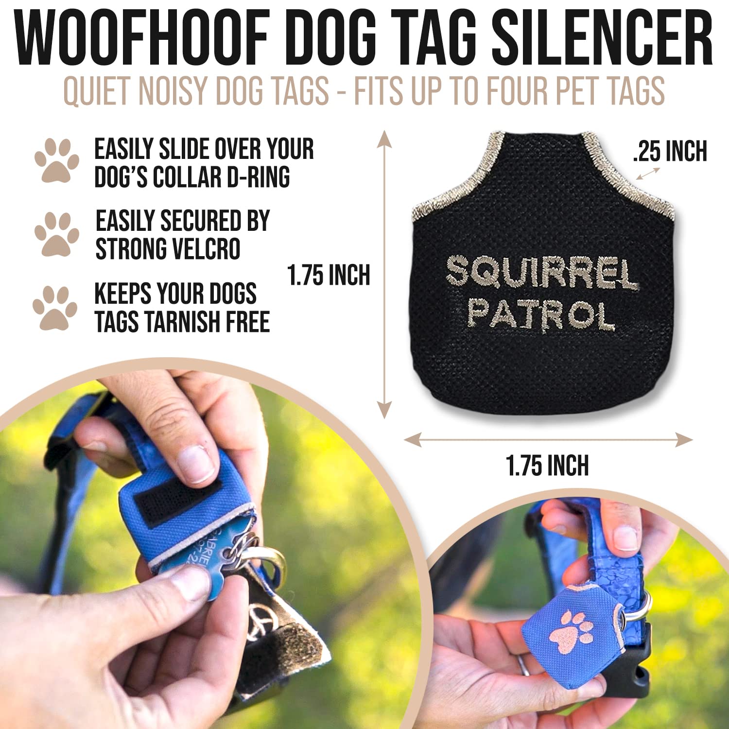 Woofhoof Dog Tag Silencer, Black Squirrel Patrol - Quiet Noisy Pet Tags - Fits Up To Four Pet Ids - Dog Tag Cover Protects Metal