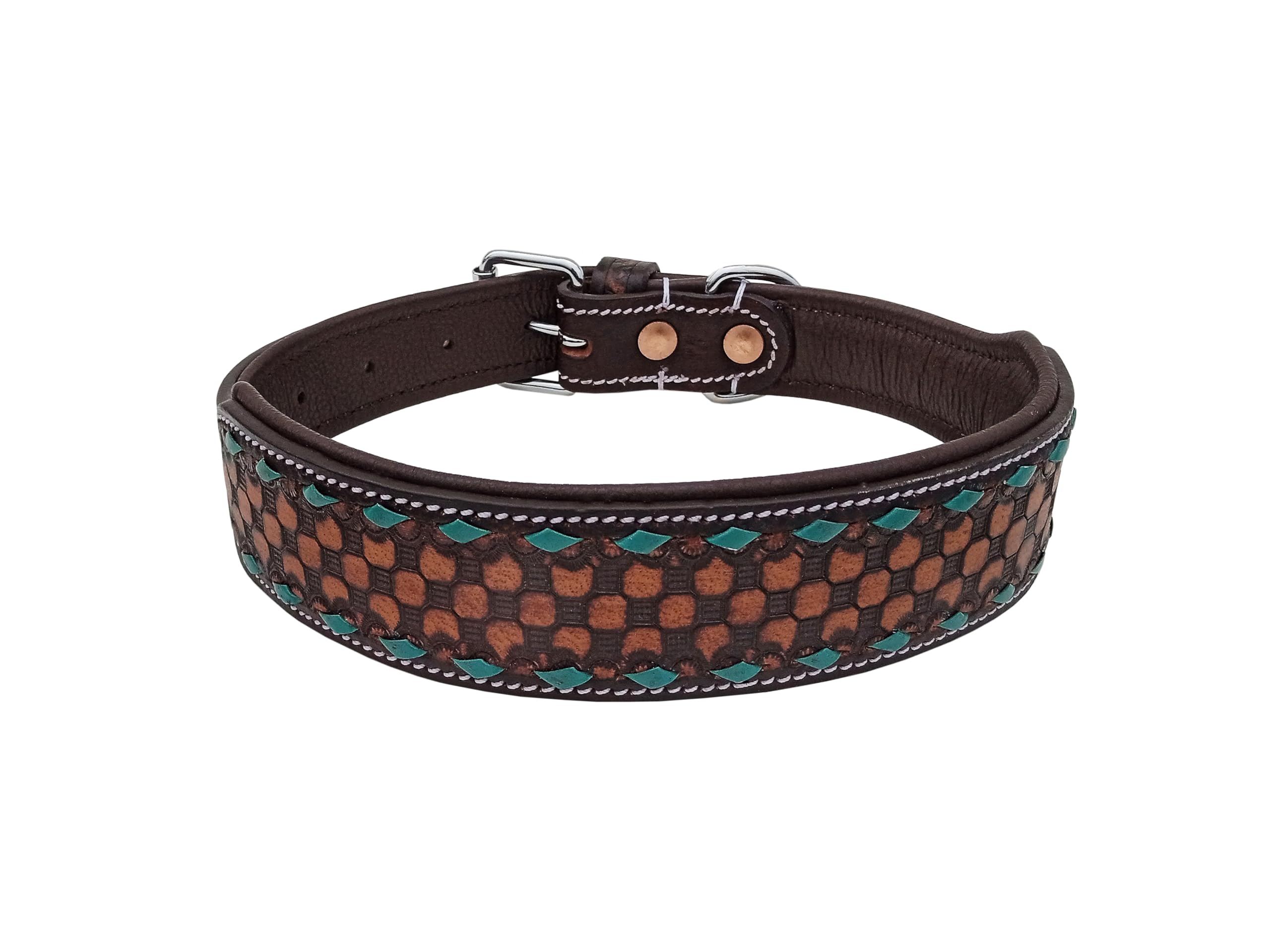 Leather Dog Collar Medium Size Western Style Heavy Duty Hand Tooled Adjustable Padded Soft For Small Puppies And Big Dogs 10Ab14