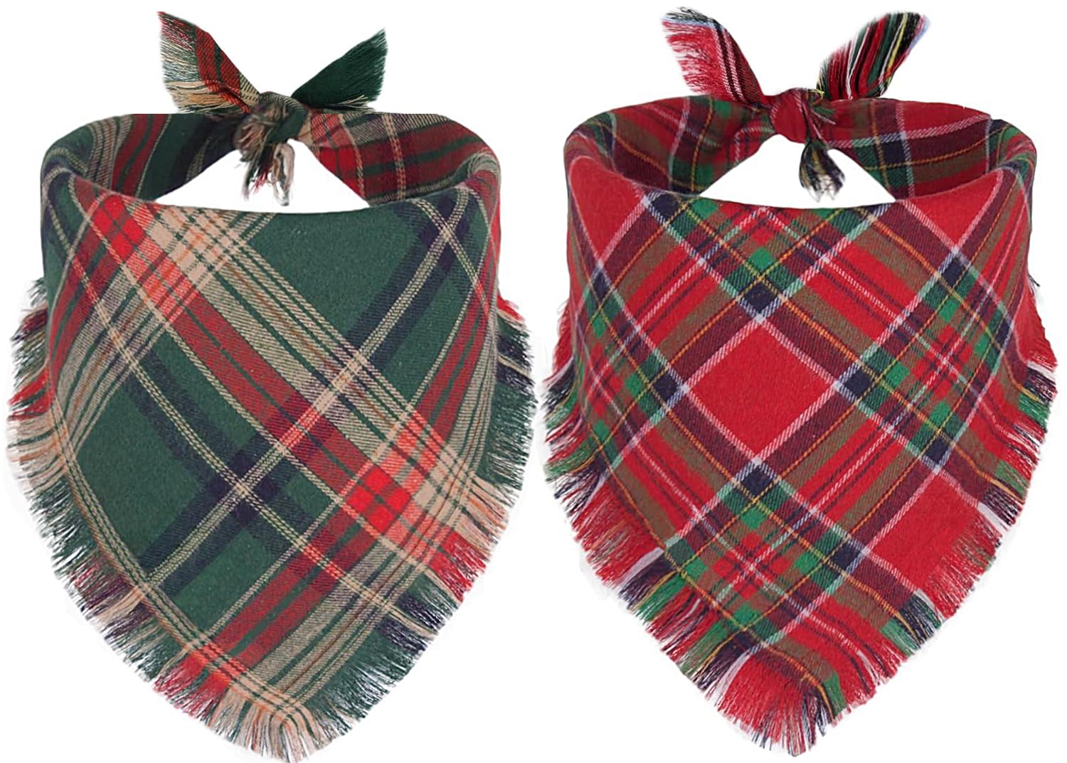 2Pcs Christmas Dog Bandanas Plaid Two-Sided With Tassels,Holiday Scarf,Stylish Triangle Dog Outfit For Boy And Girl,Winter Chris