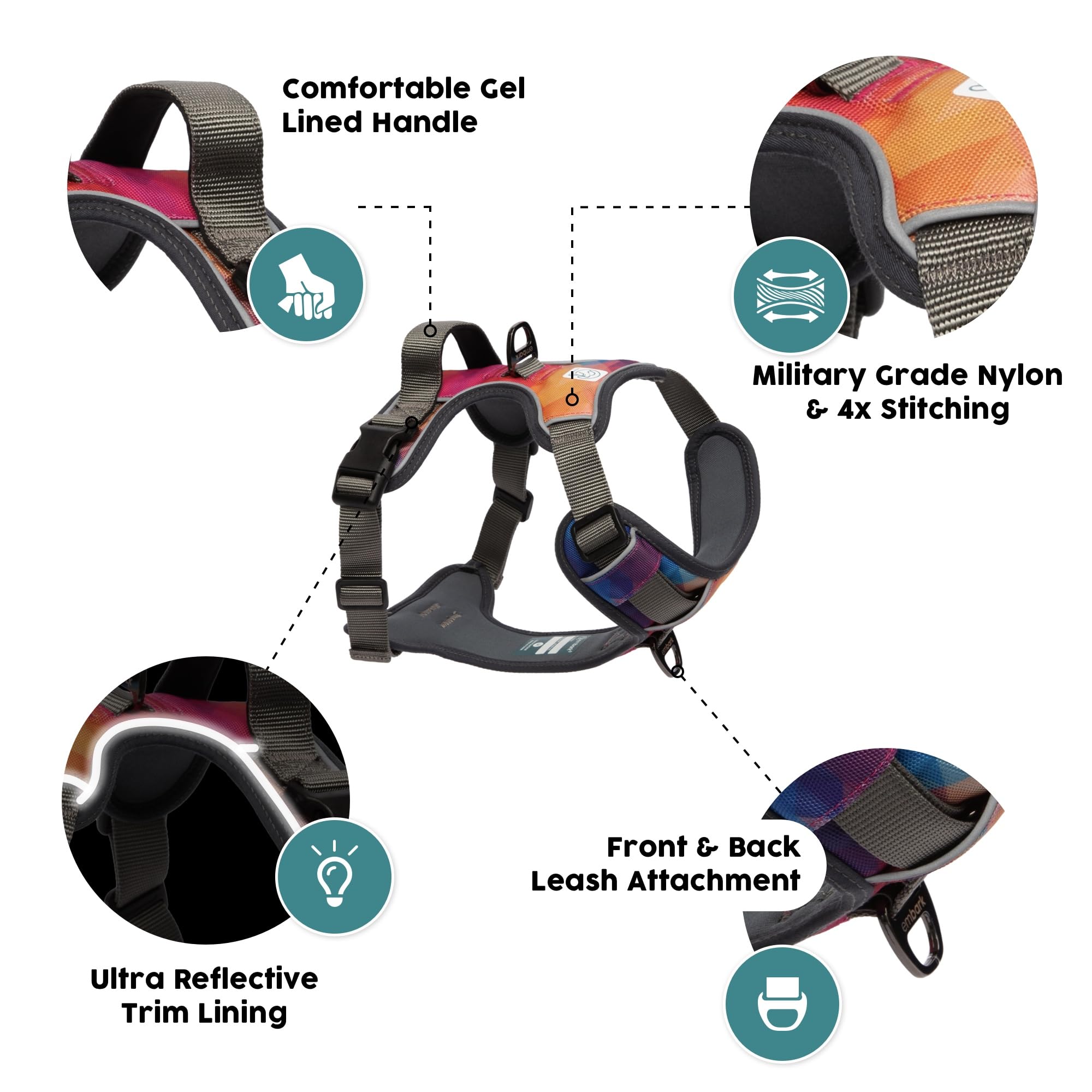 Embark Adventure Dog Harness, Reflective Trim Xl For Extra Large Dogs No Pull - Military Grade Nylon, 2 Leash Clips & Gel Lined