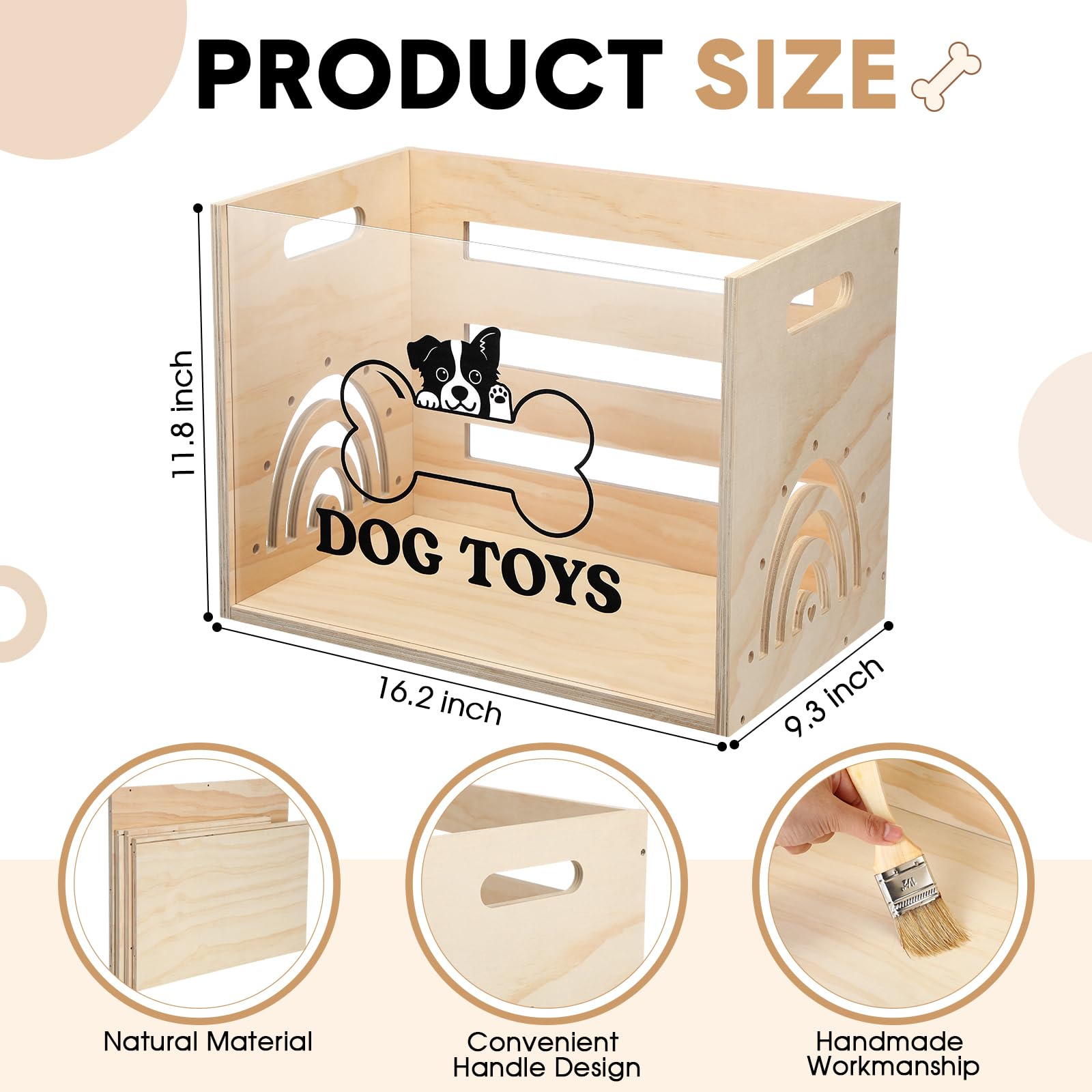 Beeveer Large Dog Toy Basket Dog Toy Box Wooden Storage Bin with Acrylic Board Storage Box for Puppy Toys Pet Food and Accessori
