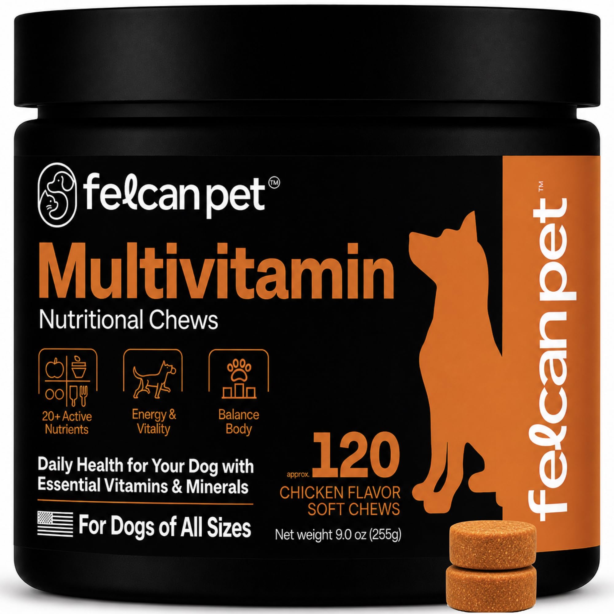 Felcan Pet Dog Multivitamin Chews - Daily Dog Vitamins with 19+ Nutrients, Probiotics, Glucosamine & Omega Fish Oils - Supports 