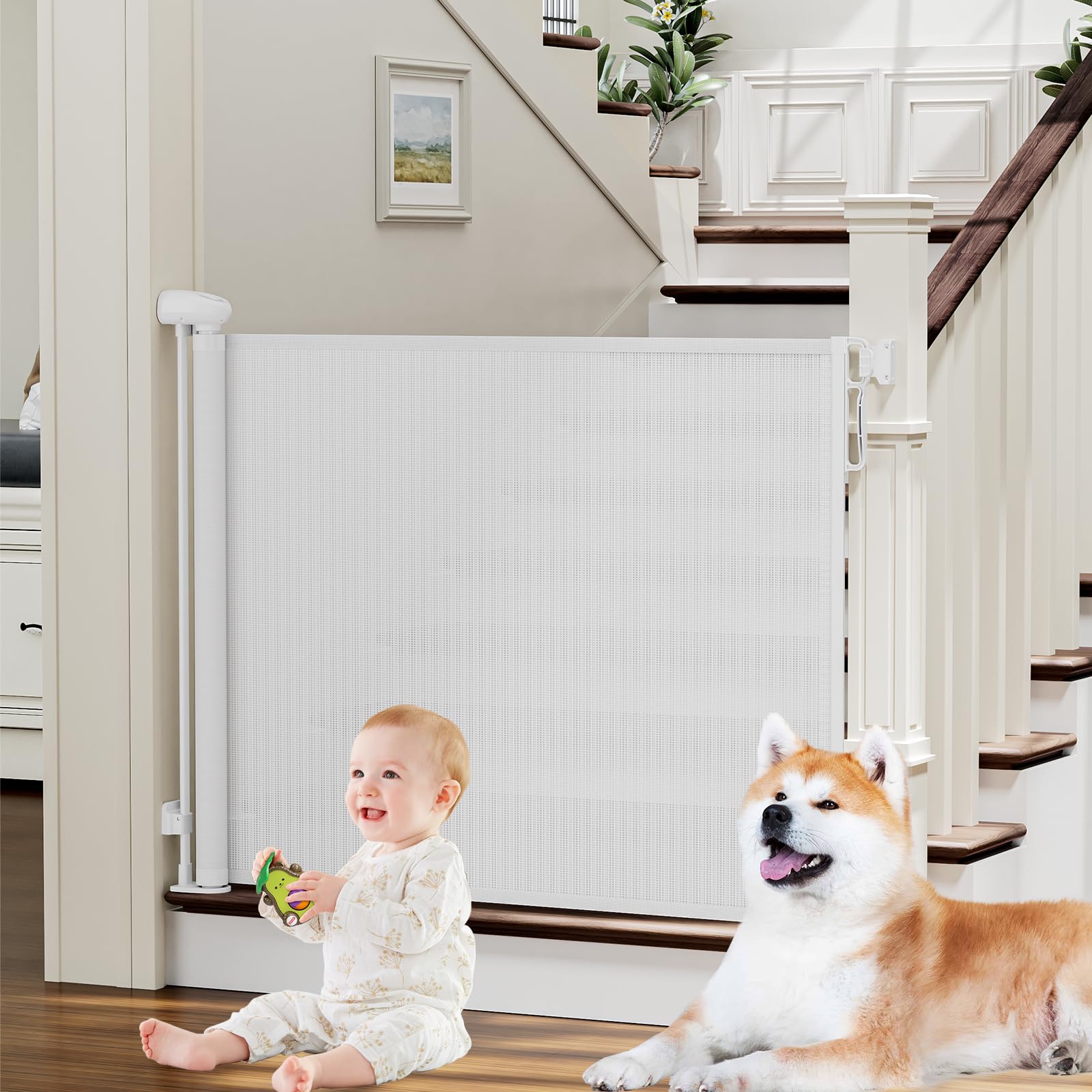 Retractable Baby Gates For Stairs, Probebi Retractable Dog Gate Indoor Extends To 72' Wide 34' Tall, Child Gates For Doorways, Stair Gate Use For Outdoor, Hallways, Doorways, Deck, Porch
