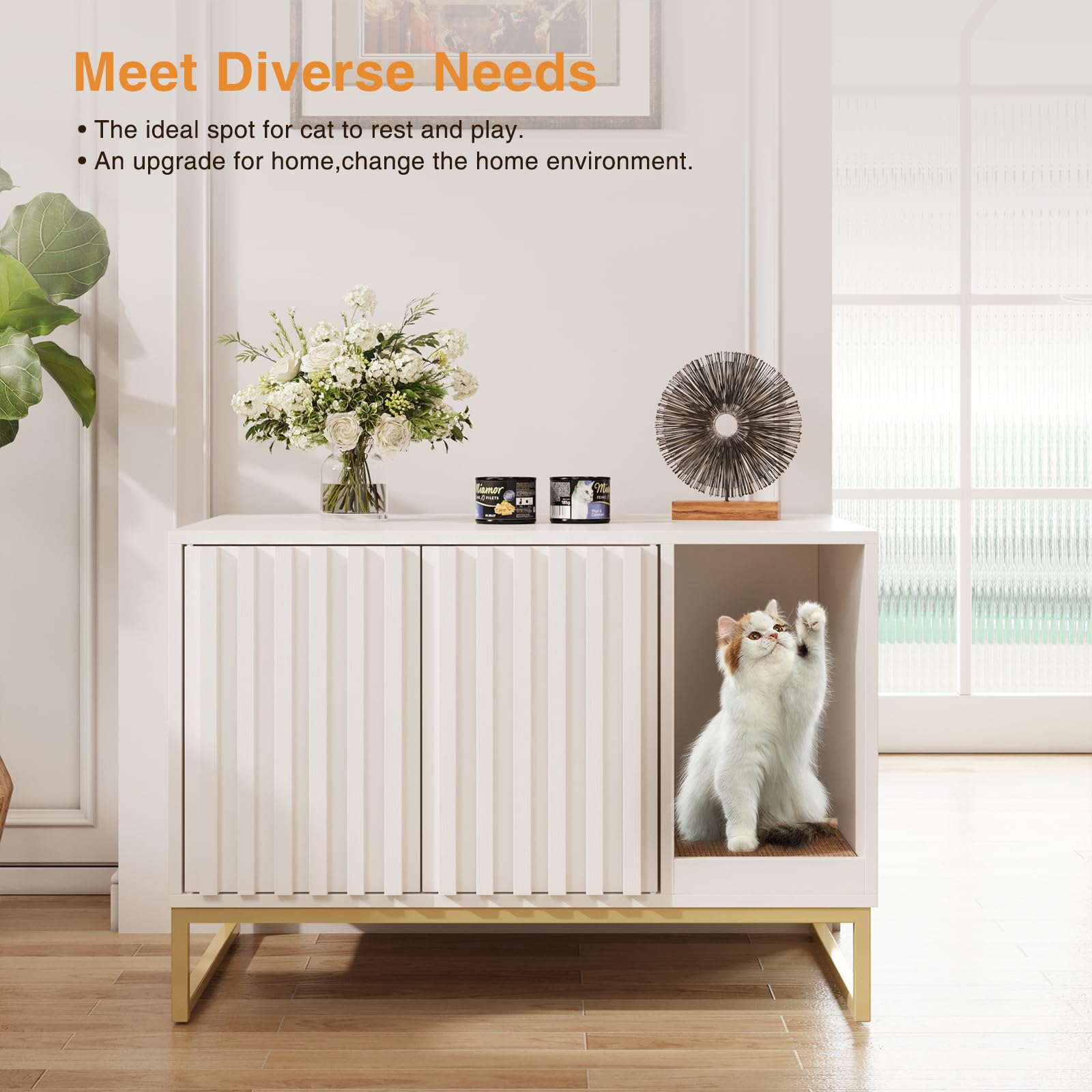 Fivewillowise Litter Box Enclosure, Modern Fluted Hidden Litter Box Furniture,Cat Litter Box Enclosure With Scratching Mat,Cat H