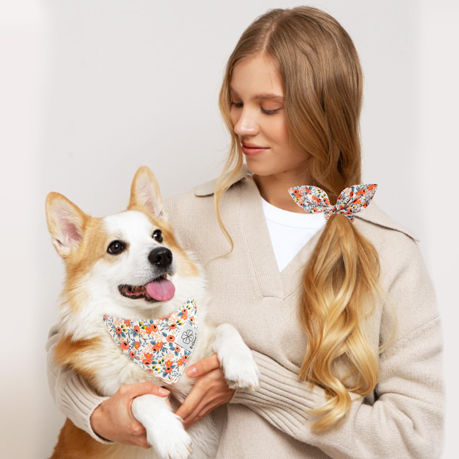 E-Clover Dog Bandanas & Matching Scrunchie Set Girl Cute Flower Dog Scarf Bibs Pet Bandana With Bow Tie For Small Dogs Puppy Own